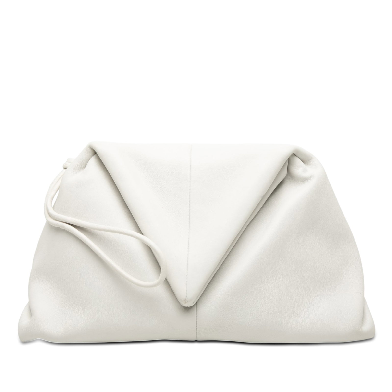 Bottega Veneta white leather clutch with wrist strap: Bottega Veneta white leather clutch with wrist strap This Bottega Veneta BV Trine Angular Clutch is crafted from leather in a white hue, featuring a rolled wrist strap and a fold-over flap closure. Th