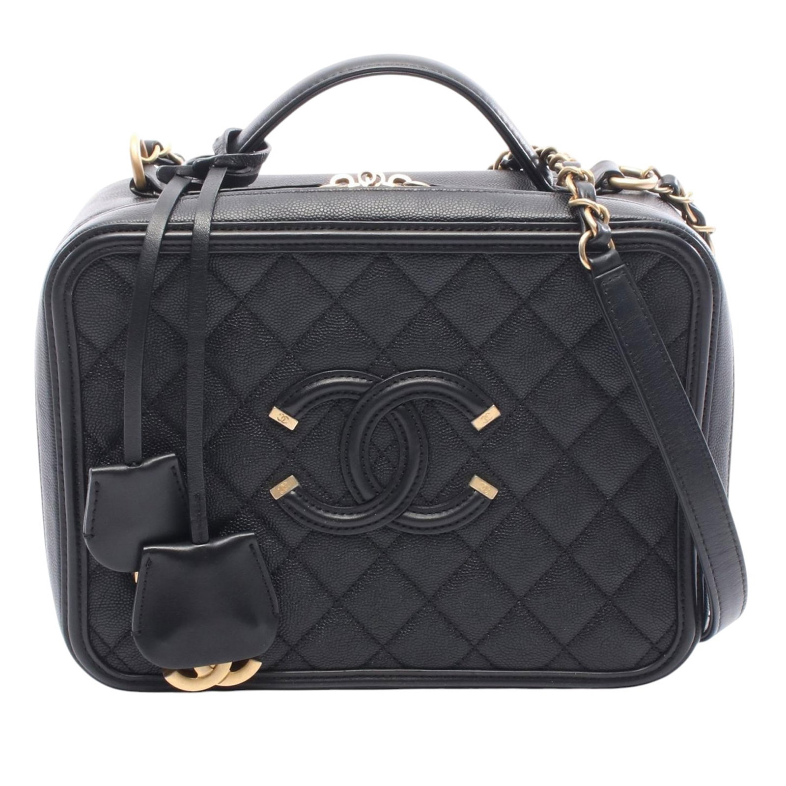 Black Quilted Leather Chanel Filigree Large Vanity Case with Chain Strap: Black Quilted Leather Chanel Filigree Large Vanity Case with Chain Strap This Chanel Large Caviar CC Filigree Vanity Case features a quilted caviar leather body in black, complemented by a flat leathe