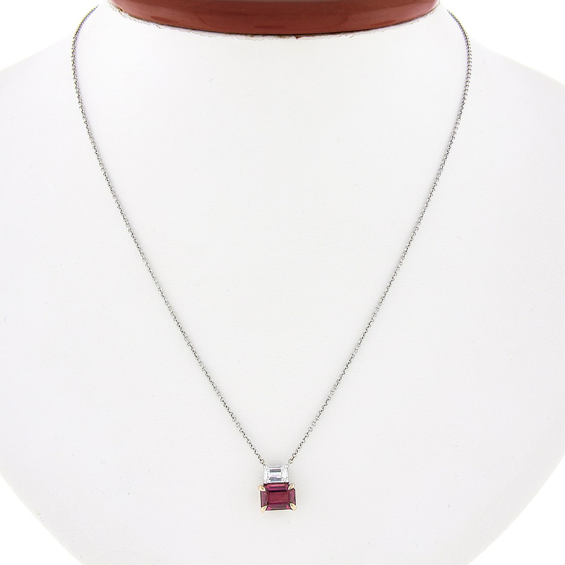 14K Two Tone Gold 1.27ct Emerald Cut Pink Tourmaline Diamond Pendant Necklace: 14K Two Tone Gold 1.27ct Emerald Cut Pink Tourmaline Diamond Pendant Necklace This exquisite pendant necklace showcases a stunning combination of a natural pink tourmaline and a diamond, beautifully c