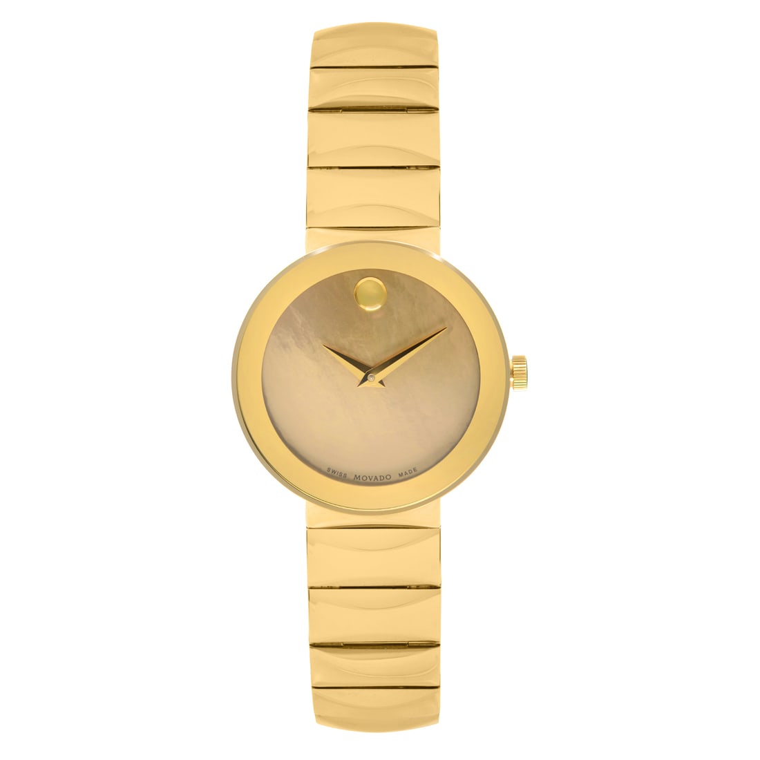 Movado 0607049 Sapphire Museum 26mm Gold MOP Dial Quartz Ladies Watch: Movado 0607049 Sapphire Museum 26mm Gold MOP Dial Quartz Ladies Watch Experience elegance with the Movado Sapphire Museum wristwatch, featuring a sophisticated 26mm round case crafted from gold PVD co
