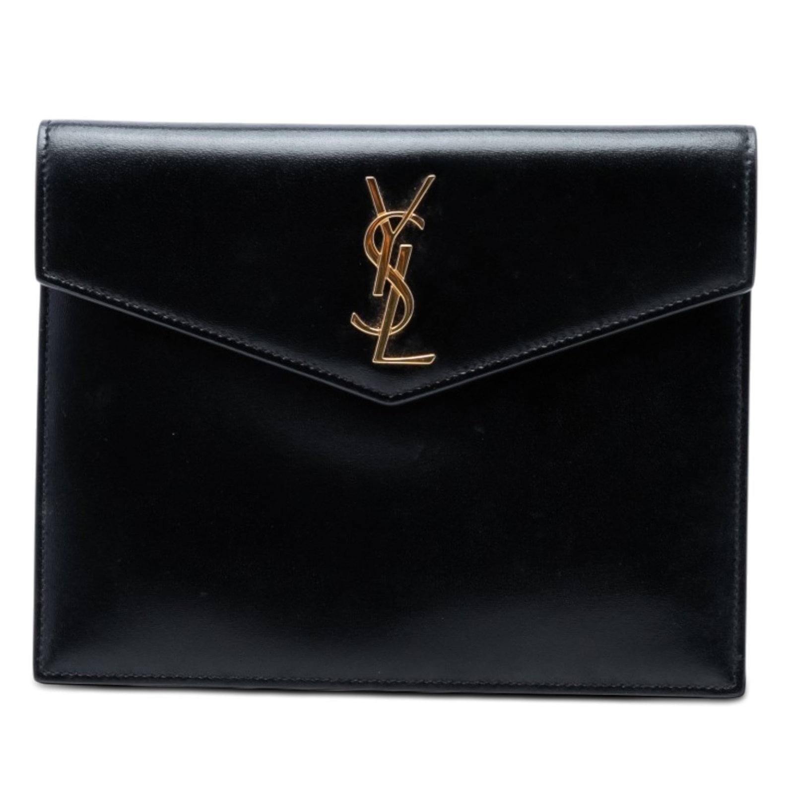 Saint Laurent black leather clutch pouch Monogram Uptown: Saint Laurent black leather clutch pouch Monogram Uptown This Saint Laurent Baby Smooth Shiny Calfskin Monogram Uptown Pouch is crafted from black leather and features a front flap with a snap closure