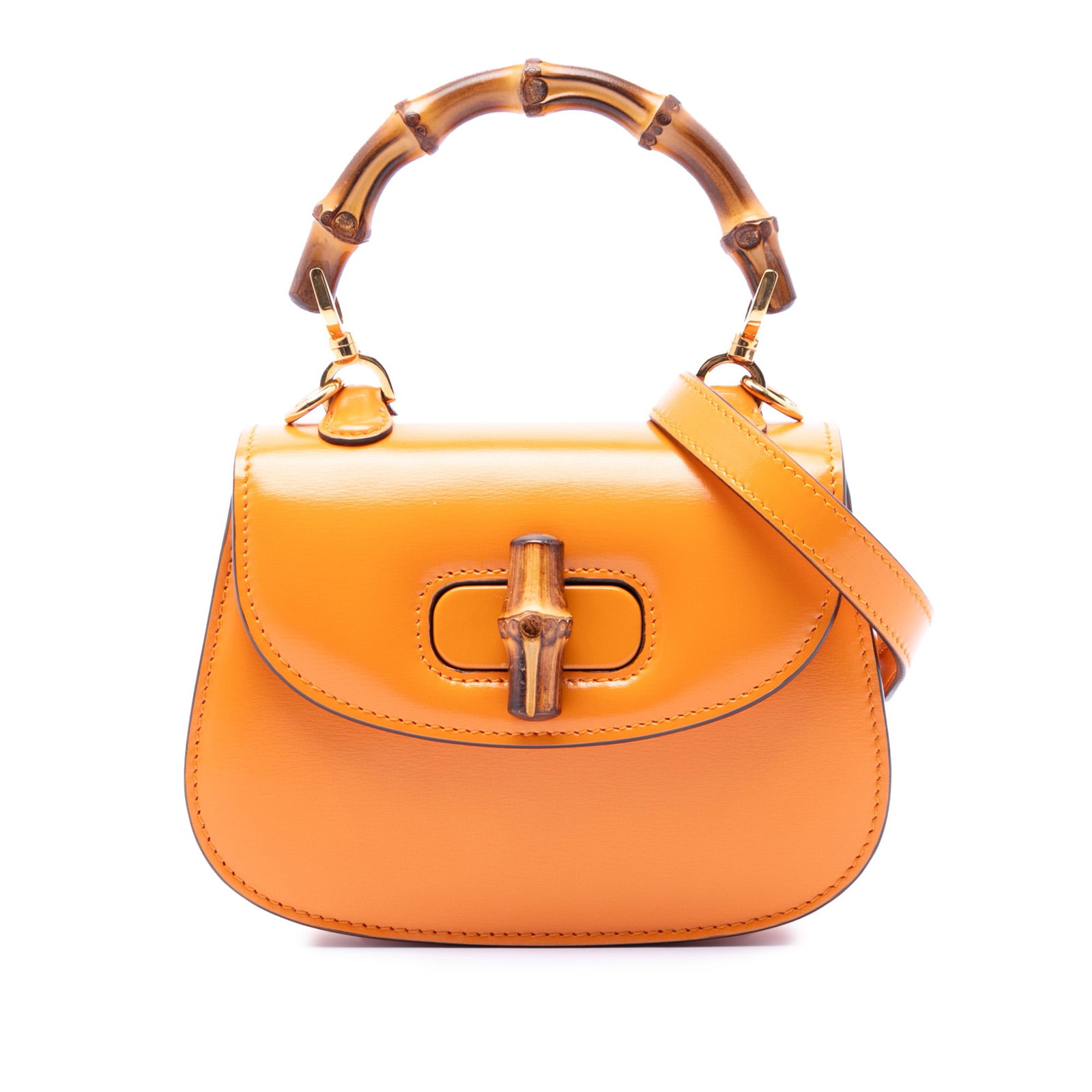 Gucci 1947 Mini Bamboo Top Handle Leather Bag: Gucci 1947 Mini Bamboo Top Handle Leather Bag This Gucci Mini Calfskin 1947 Bamboo Top Handle Bag features a leather body in orange, complemented by a signature bamboo top handle and a detachable flat
