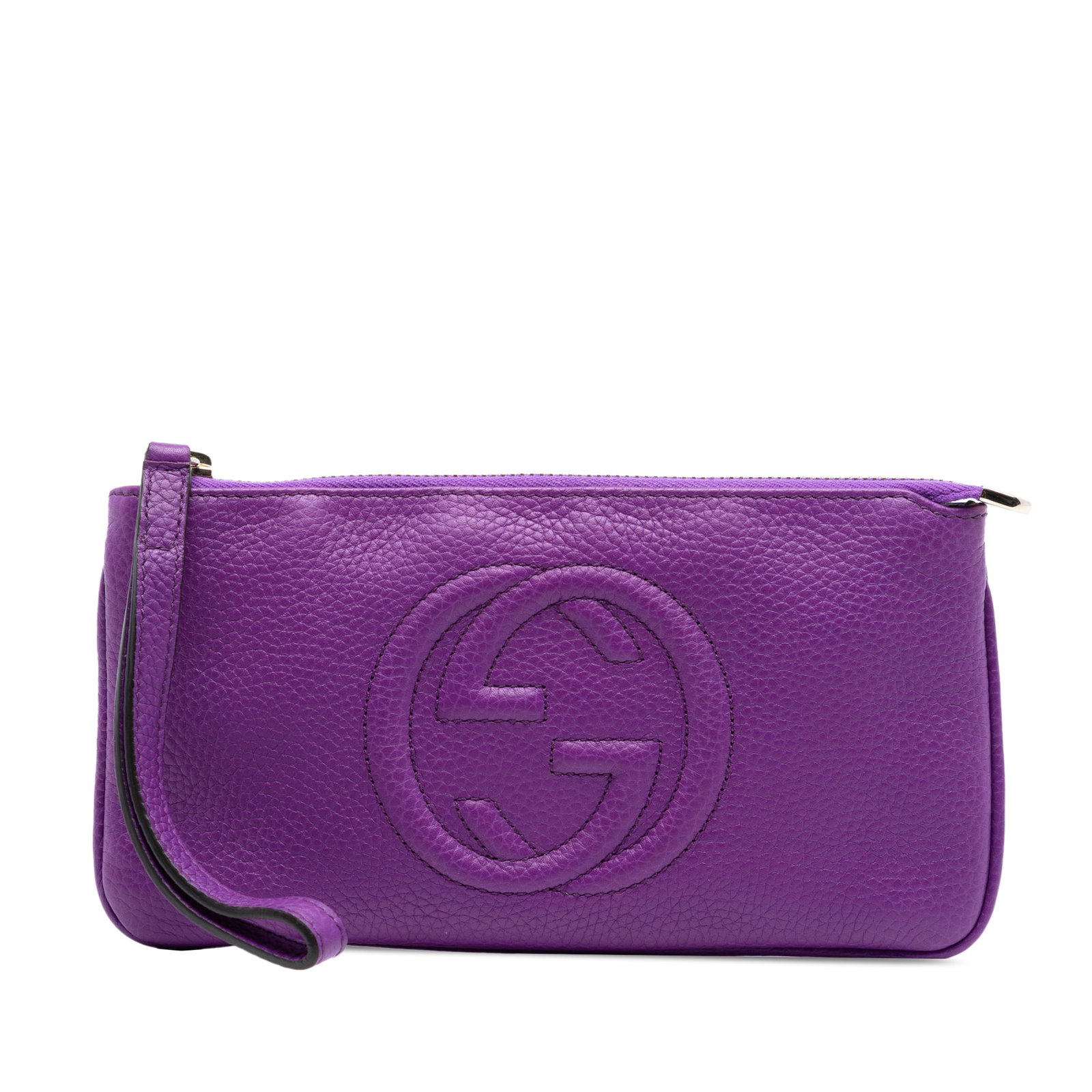 Gucci Soho Purple Leather Wristlet Pouch with Zip Closure: Gucci Soho Purple Leather Wristlet Pouch with Zip Closure This Gucci Pebbled Calfskin Soho Pouch is crafted from textured leather in purple and features a flat leather wrist strap, a top zip closure, 