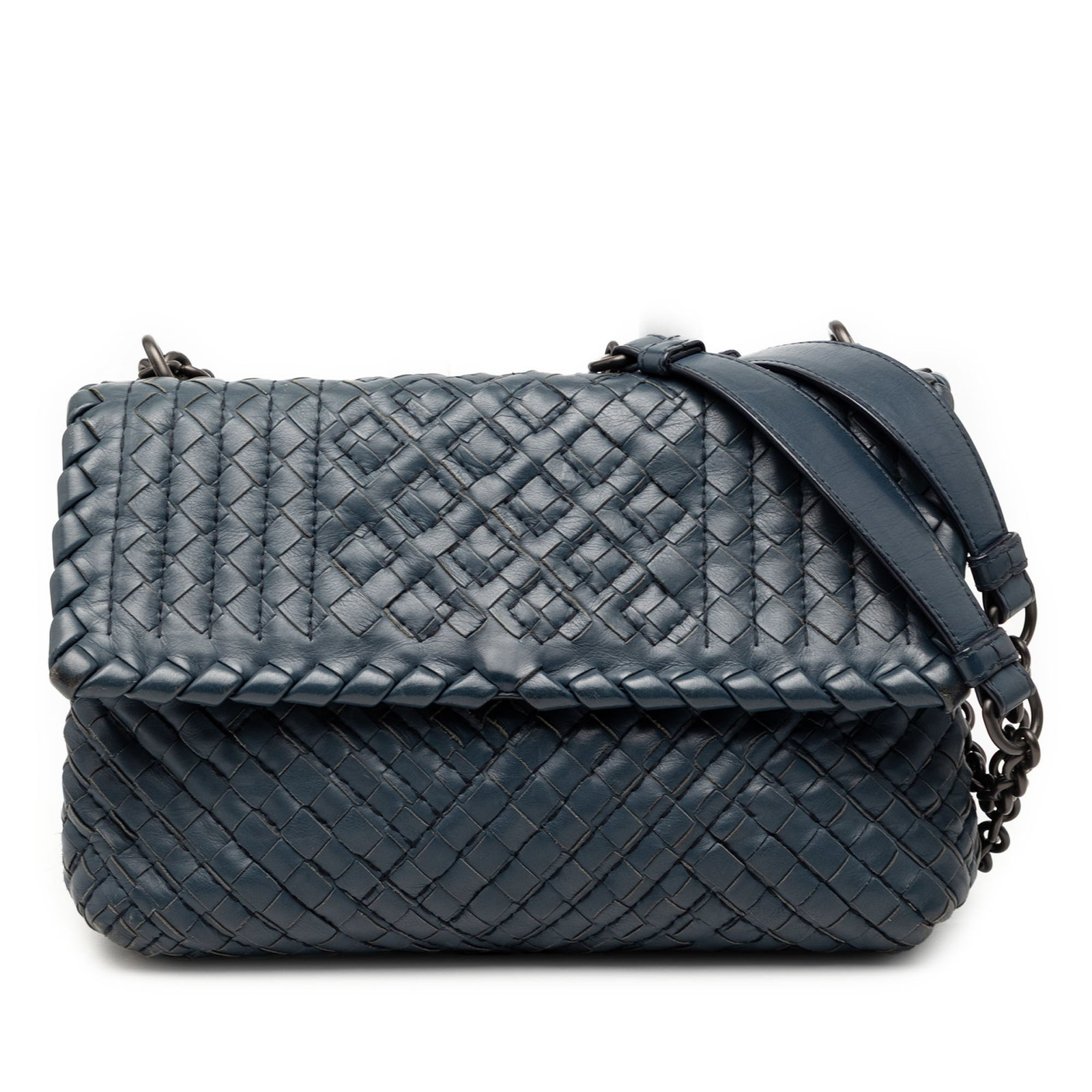Bottega Veneta Olimpia Blue Woven Leather Small Shoulder Bag: Bottega Veneta Olimpia Blue Woven Leather Small Shoulder Bag This Bottega Veneta Small Nappa Intrecciato Boutis Olimpia Shoulder Bag features a woven leather body, a chain link shoulder strap with a l