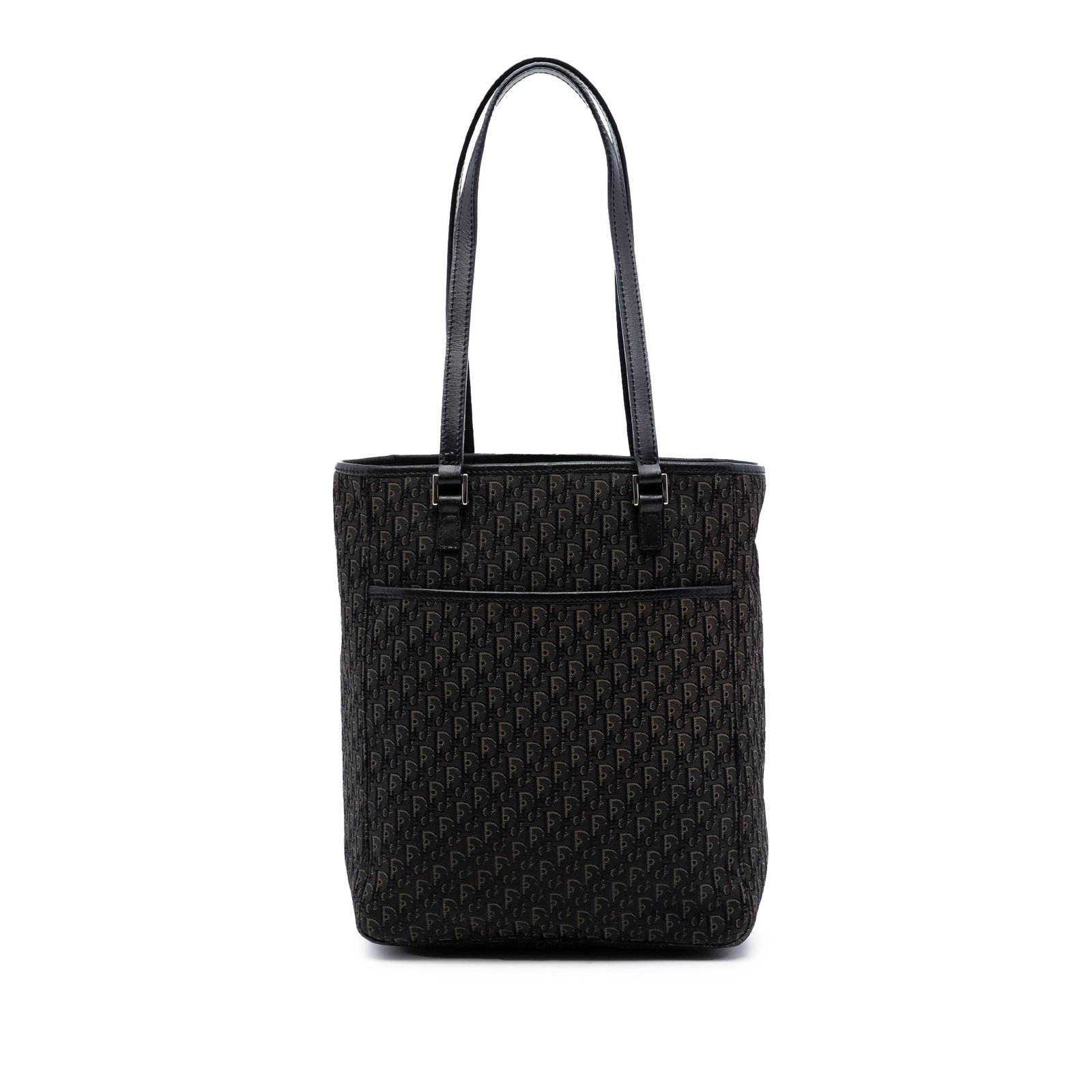 Dior black canvas tote with leather trim: Dior black canvas tote with leather trim This Diorissimo Trotter Canvas Tote features a canvas body with leather trim, flat leather handles, an open top, an exterior slip pocket, and an interior zip p