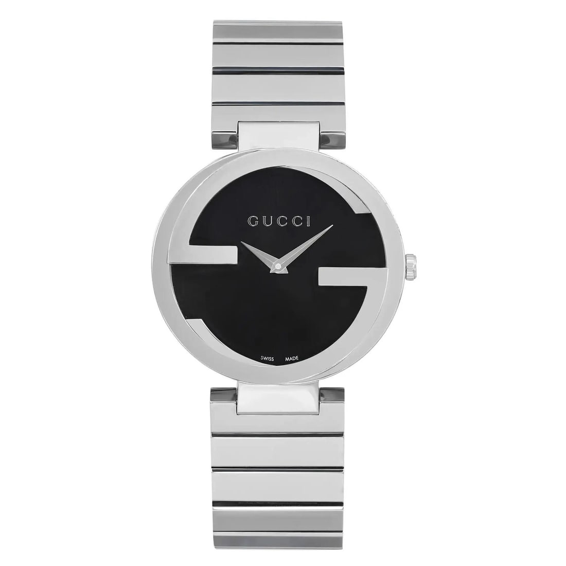Gucci Interlocking G Quartz Ladies Watch Gray Stainless Steel Black Dial YA133307: Gucci Interlocking G Quartz Ladies Watch Gray Stainless Steel Black Dial YA133307 This Gucci Interlocking G ladies' wristwatch exemplifies casual elegance with its sleek design and functional features