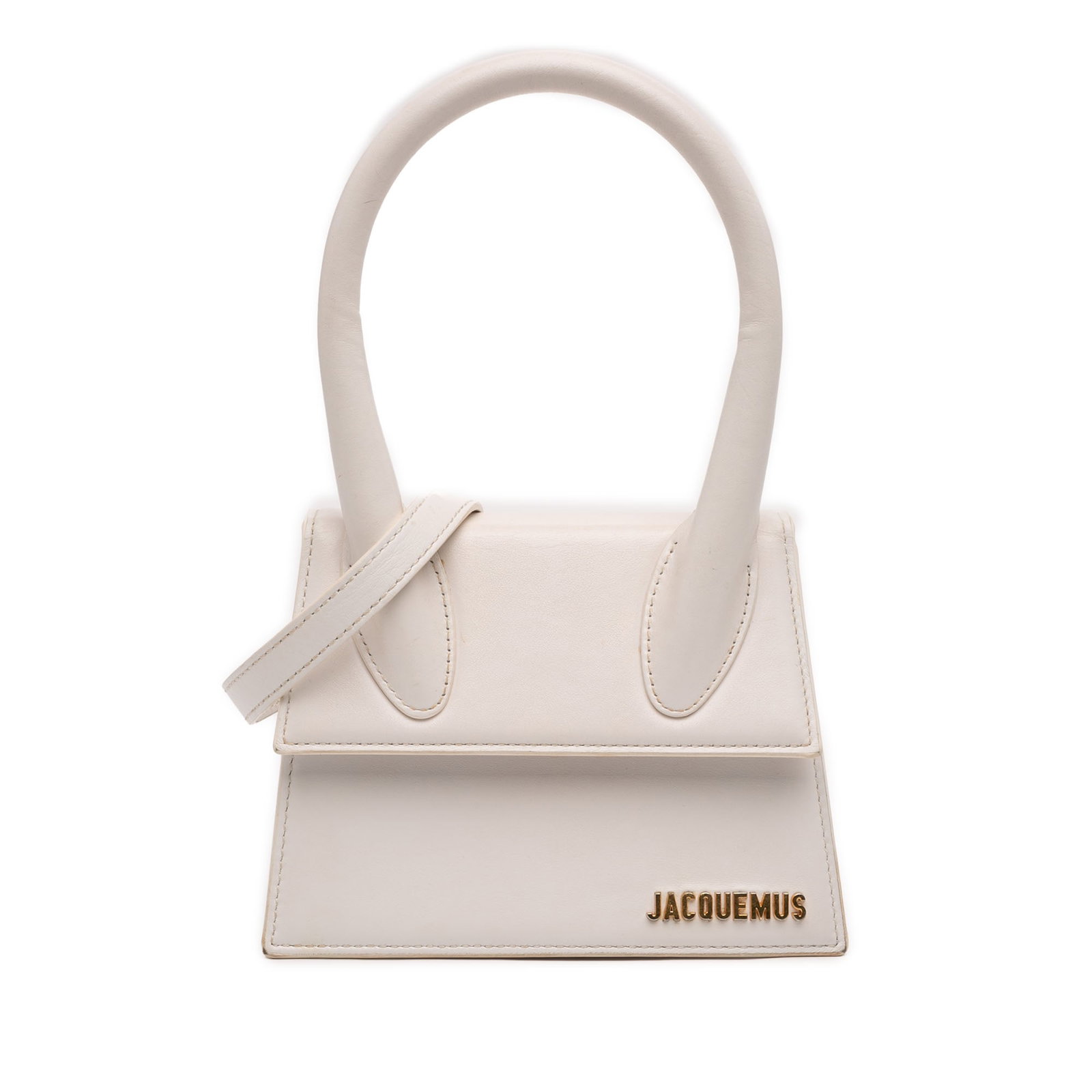 Jacquemus Le Chiquito Moyen White Leather Top Handle Shoulder Bag: Jacquemus Le Chiquito Moyen White Leather Top Handle Shoulder Bag This Jacquemus Le Chiquito Moyen bag features a white leather body with a rolled leather handle and a detachable flat shoulder strap. 