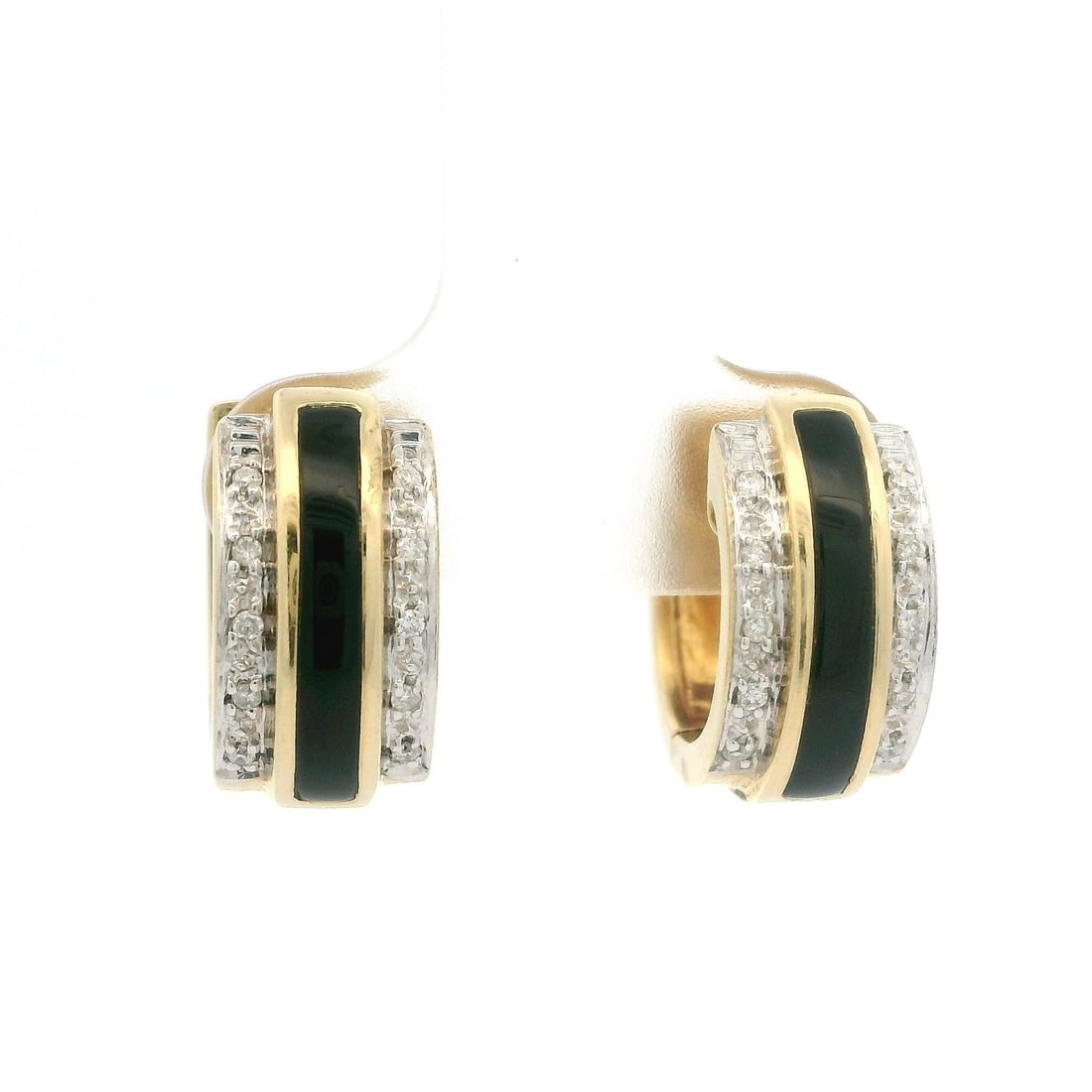14k Yellow Gold Black Onyx Diamond Hoop Huggie Earrings: 14k Yellow Gold Black Onyx Diamond Hoop Huggie Earrings These elegant hoop huggie earrings are crafted from solid 14k yellow gold and feature a stunning inlaid design of natural black onyx and sparkli