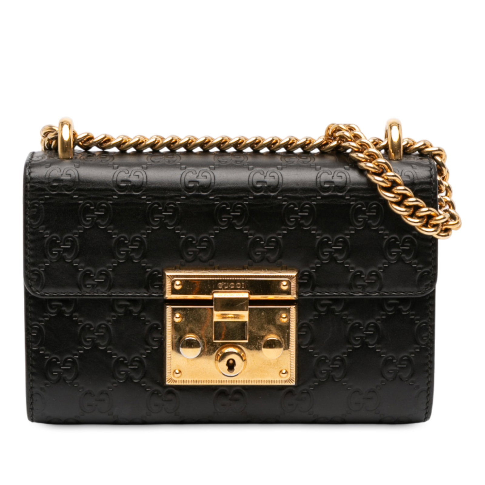 Gucci Small Guccissima Leather Padlock Chain Strap Black Crossbody Bag: Gucci Small Guccissima Leather Padlock Chain Strap Black Crossbody Bag This Gucci Small Guccissima Padlock crossbody bag features an embossed leather body in black, a chain link shoulder strap, a fron