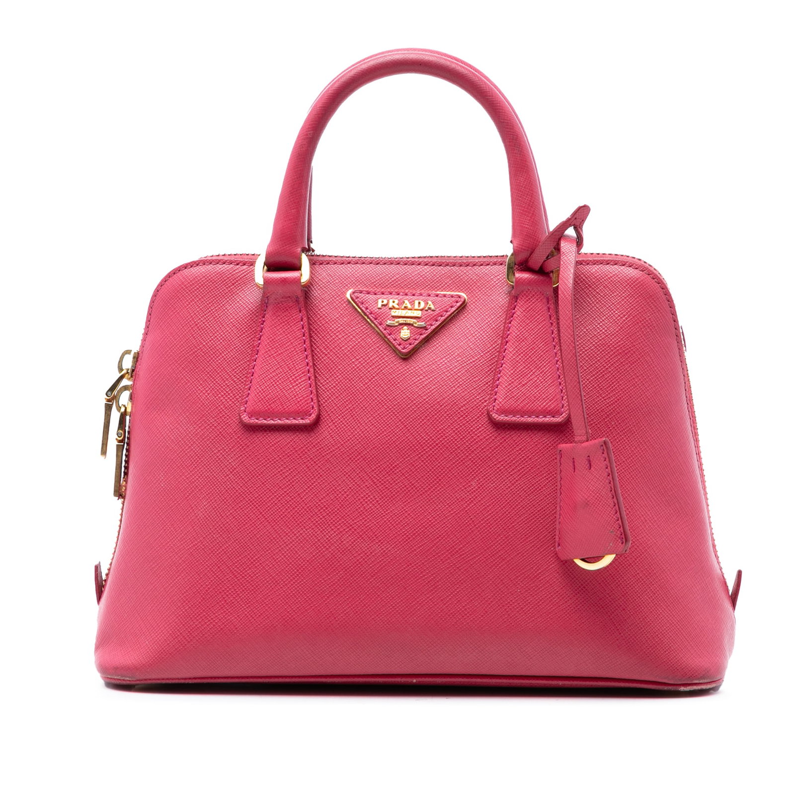 Prada Pink Saffiano Lux Promenade Satchel Small: Prada Pink Saffiano Lux Promenade Satchel Small This Prada Small Saffiano Lux Promenade Satchel is crafted from saffiano leather in a pink hue and features rolled leather handles, a top zip closure, a