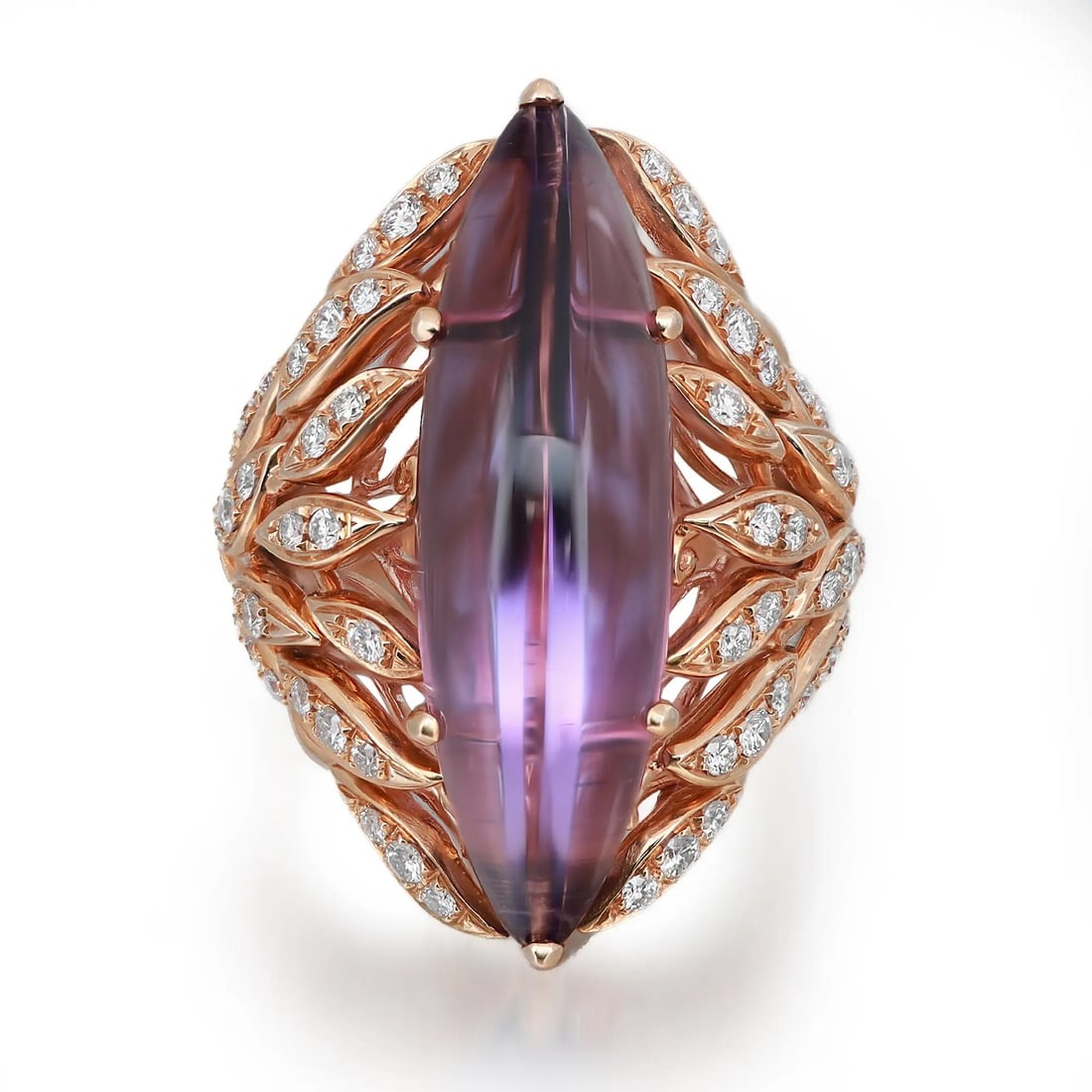 Luca Carati 18K Rose Gold Amethyst Diamond Cocktail Ring 0.77Cttw: Luca Carati 18K Rose Gold Amethyst Diamond Cocktail Ring 0.77Cttw This exquisite cocktail ring features a stunning large natural marquise shape Amethyst, beautifully set in luxurious 18K rose gold. Ac