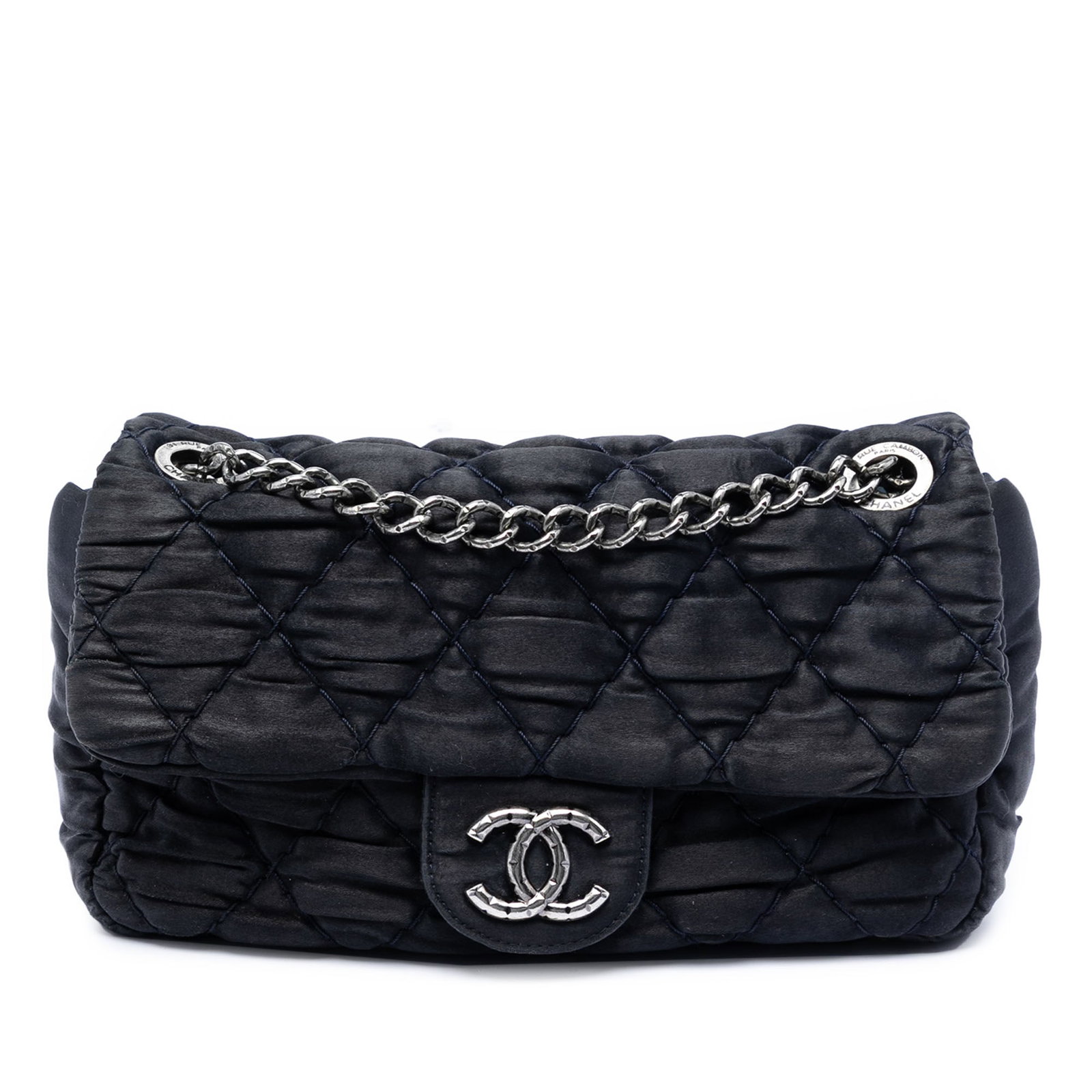 Chanel Quilted Satin Black Shoulder Bag Medium CC Flap: Chanel Quilted Satin Black Shoulder Bag Medium CC Flap This Chanel Medium CC Quilted Satin Single Flap shoulder bag features a quilted satin exterior in black, complemented by a chain link strap and a