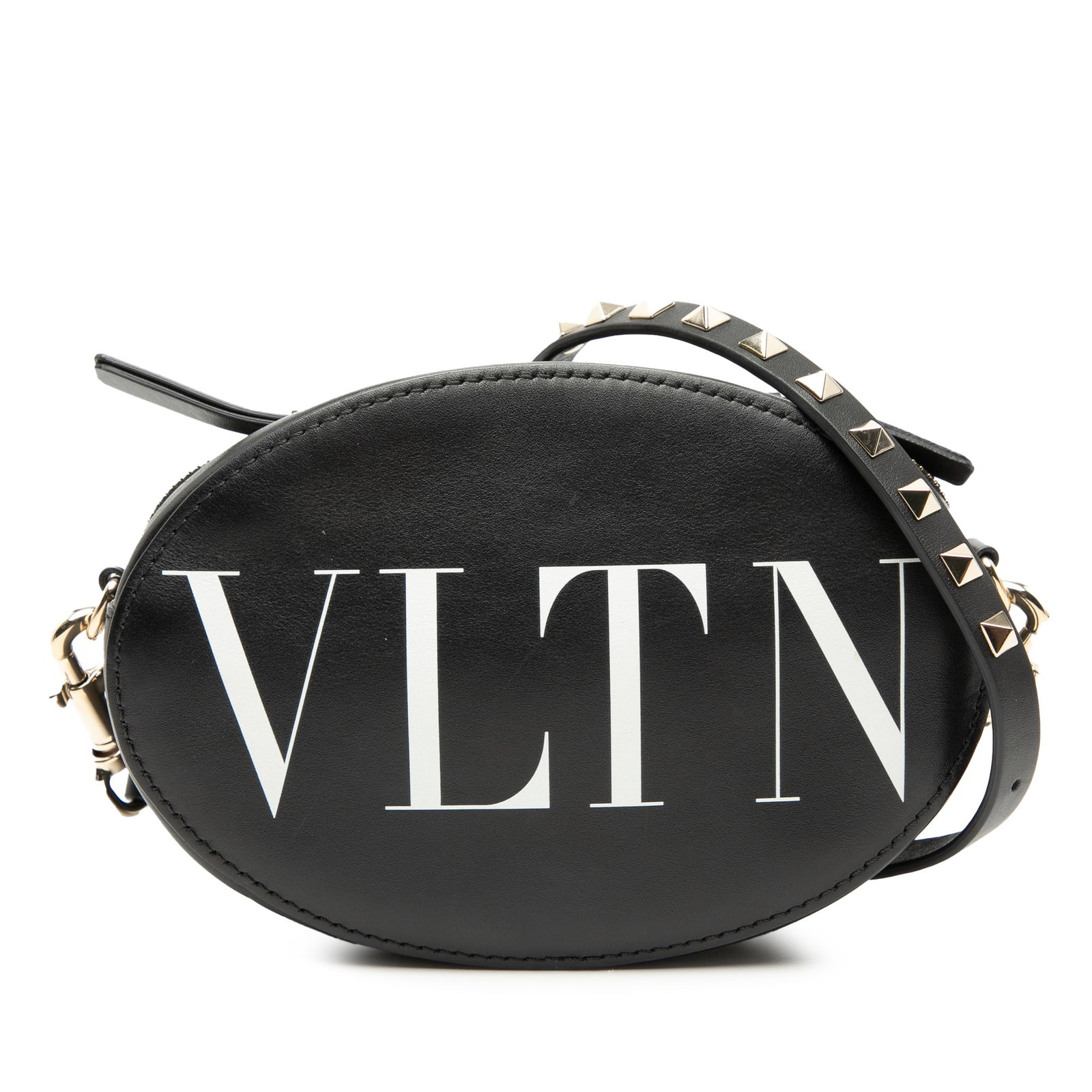 Valentino VLTN Rockstud Black Leather Oval Crossbody Bag: Valentino VLTN Rockstud Black Leather Oval Crossbody Bag This Valentino Calfskin Rockstud VLTN Oval Crossbody bag features a black leather body with signature rockstud embellishments, a detachable fla