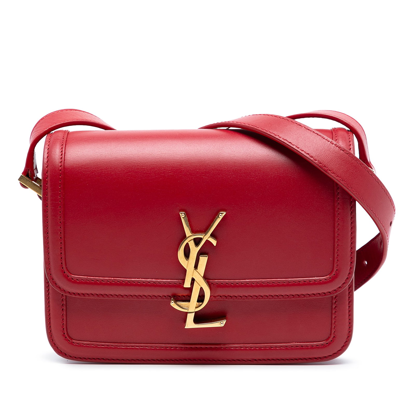 Saint Laurent Solferino Small Leather Satchel Bag in Red: Saint Laurent Solferino Small Leather Satchel Bag in Red This Saint Laurent Small Calfskin Solferino Satchel features a red leather body with an adjustable flat leather strap, a flap with clasp closur