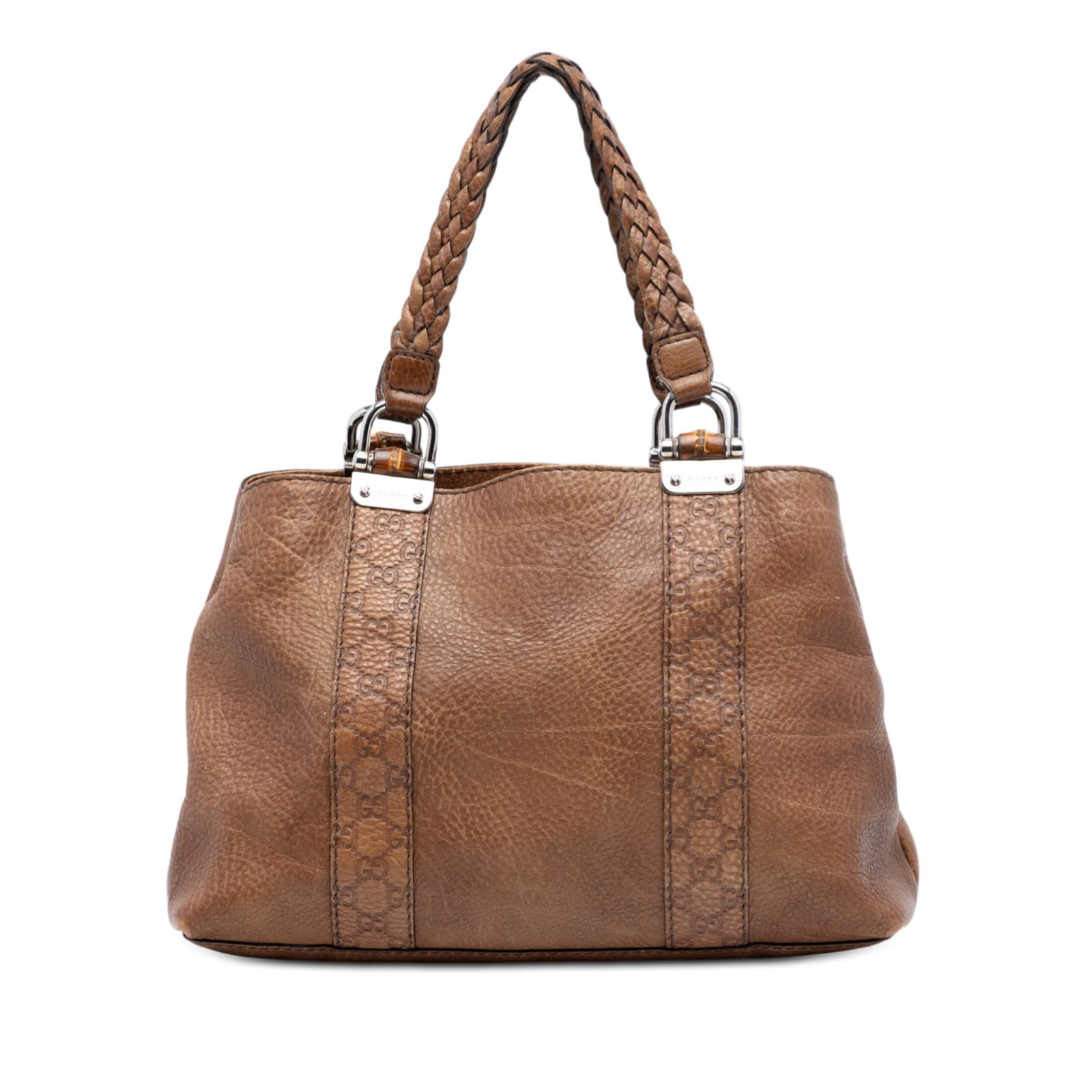 Gucci Bamboo Libeccio Brown Leather Tote: Gucci Bamboo Libeccio Brown Leather Tote This Gucci Medium Guccissima Trimmed Calfskin Bamboo Libeccio Tote features a brown leather body with embossed leather trim and woven leather shoulder straps. 