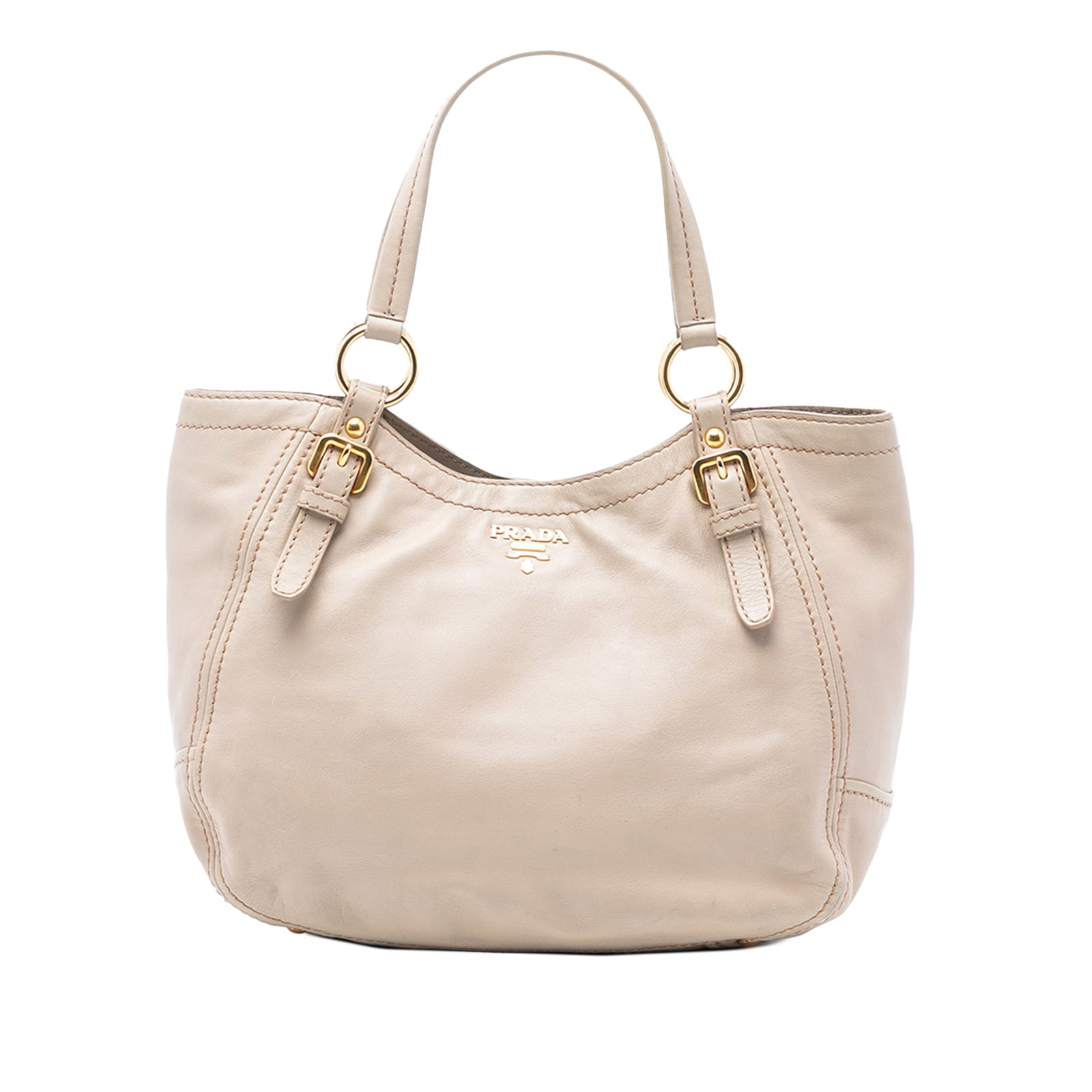 Brown Leather Shoulder Bag by Prada Soft Calf Model: Brown Leather Shoulder Bag by Prada Soft Calf Model This Prada Soft Calf Shoulder Bag is crafted from brown leather and features flat leather shoulder straps, an open top with snap closure, and interi