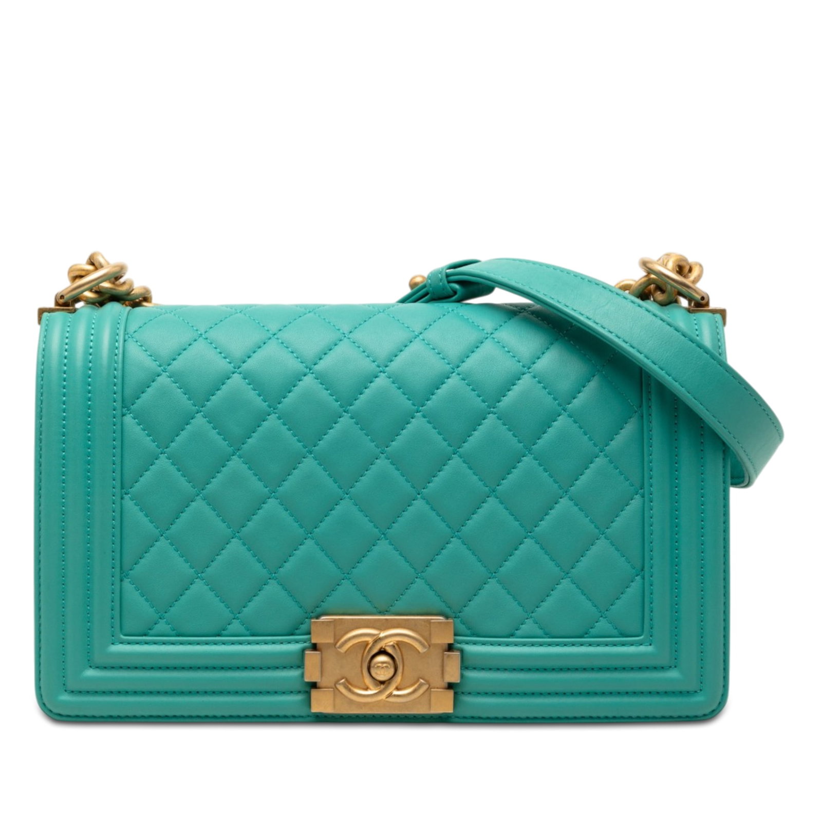 Chanel Boy Flap Blue Quilted Lambskin Medium Bag: Chanel Boy Flap Blue Quilted Lambskin Medium Bag This Chanel Old Medium Quilted Lambskin Boy Flap bag features a blue leather body with signature quilting, a gold-tone woven chain strap, a front flap 