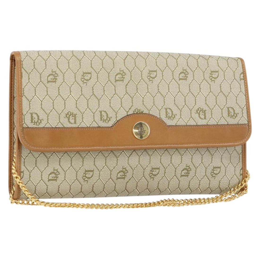 Christian Dior Honeycomb Canvas Beige Gold Shoulder Bag PVC Auth (1 of 18)