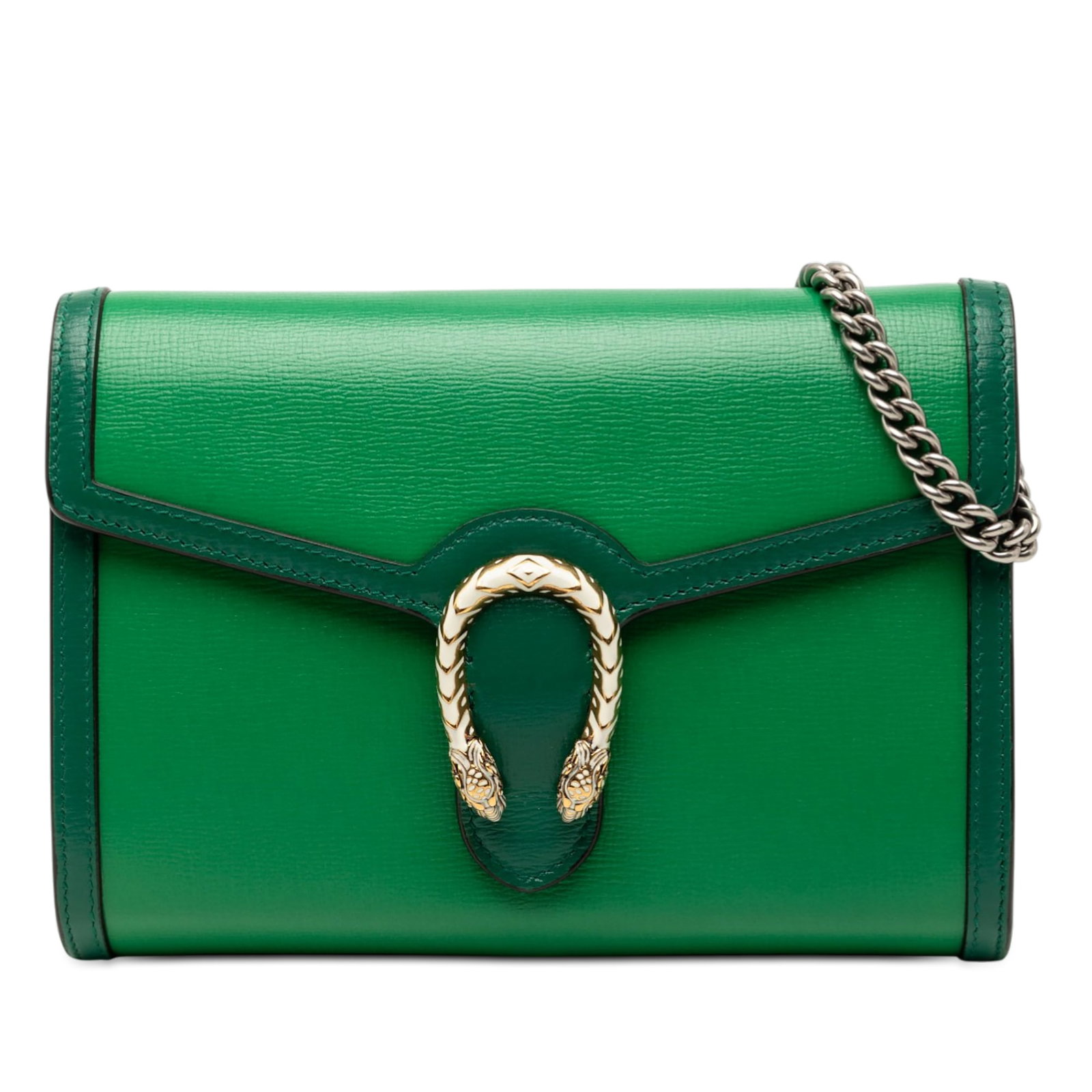 Gucci Dionysus green leather wallet on chain: Gucci Dionysus green leather wallet on chain This Gucci Bicolor Calfskin Dionysus Wallet on Chain features a leather body in a green hue, complemented by a chain link shoulder strap and a front flap w