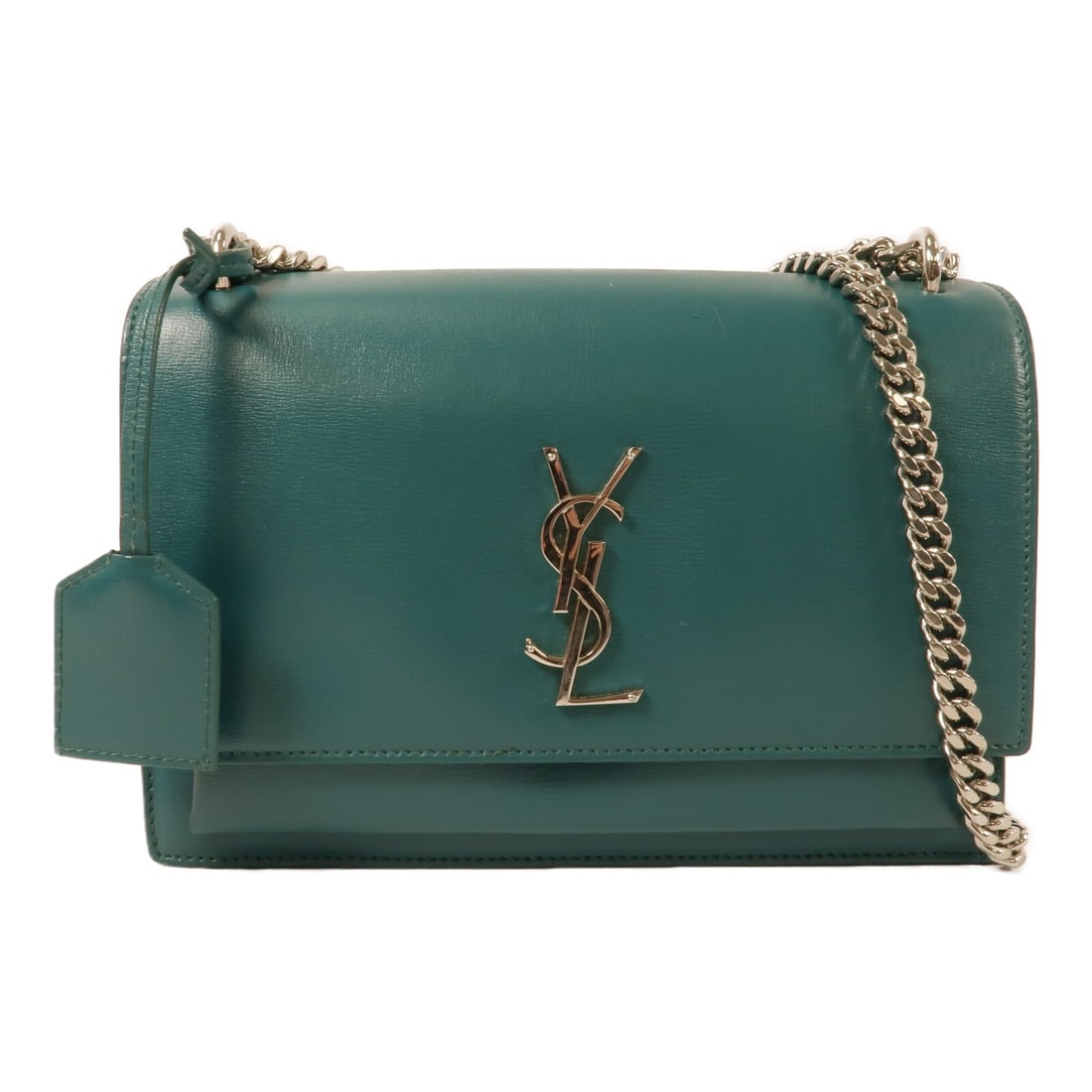 Saint Laurent Sunset Medium YSL Shoulder Bag Calfskin Leather: Saint Laurent Sunset Medium YSL Shoulder Bag Calfskin Leather This SAINT LAURENT Sunset Medium Chain Shoulder Bag is crafted from green calfskin leather and features a silver-tone chain strap. Designe
