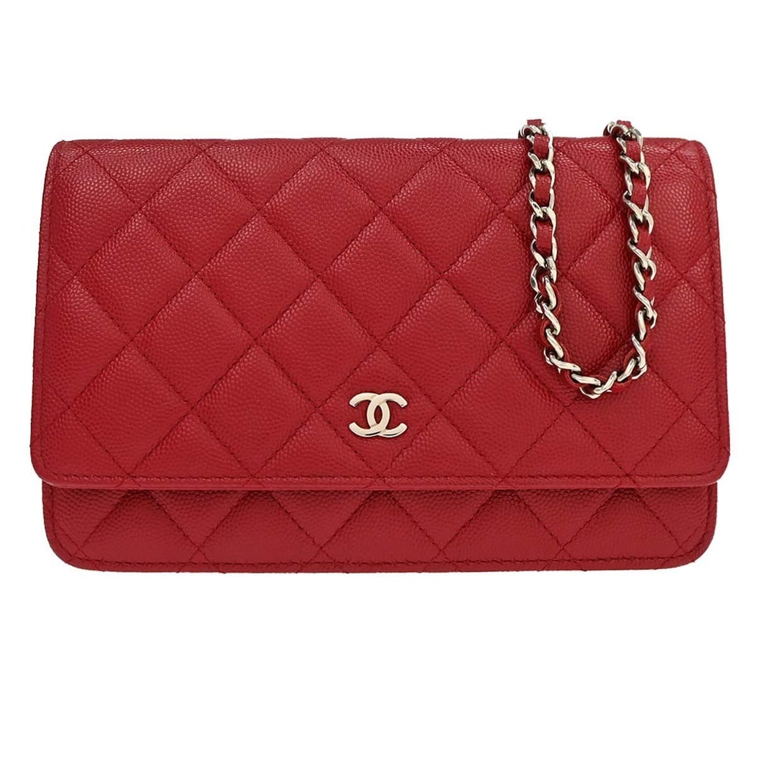 CHANEL red calfskin WOC folding wallet chain bag: CHANEL red calfskin WOC folding wallet chain bag This Chanel Classic Wallet on Chain (WOC) bag is crafted from red calfskin leather and features a folding design. Designed for women, it offers a compa