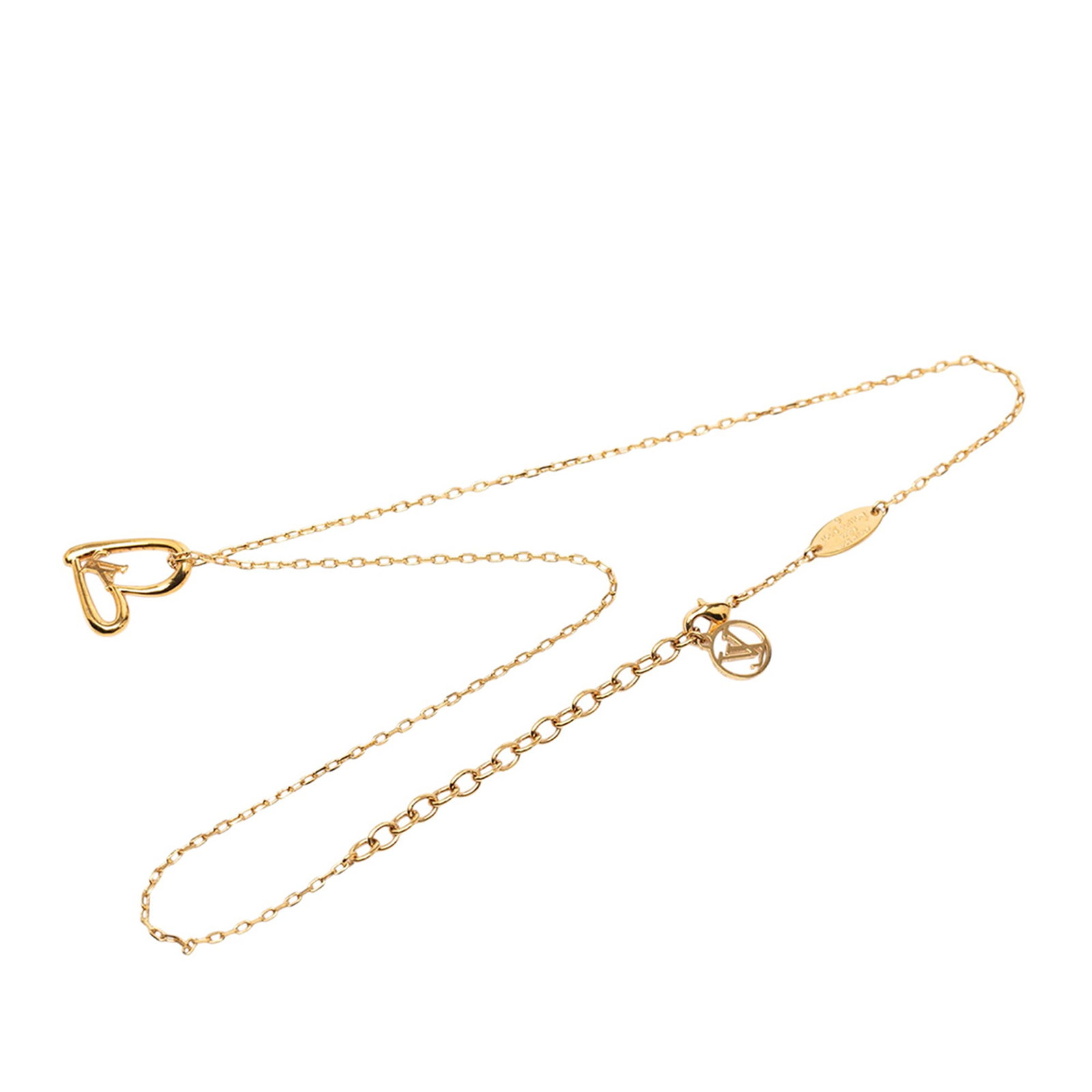 Louis Vuitton LV Fall In Love gold tone pendant necklace: Louis Vuitton LV Fall In Love gold tone pendant necklace This Louis Vuitton Fall In Love pendant necklace features a gold tone metal body and pendant, secured with a lobster clasp closure. The necklac