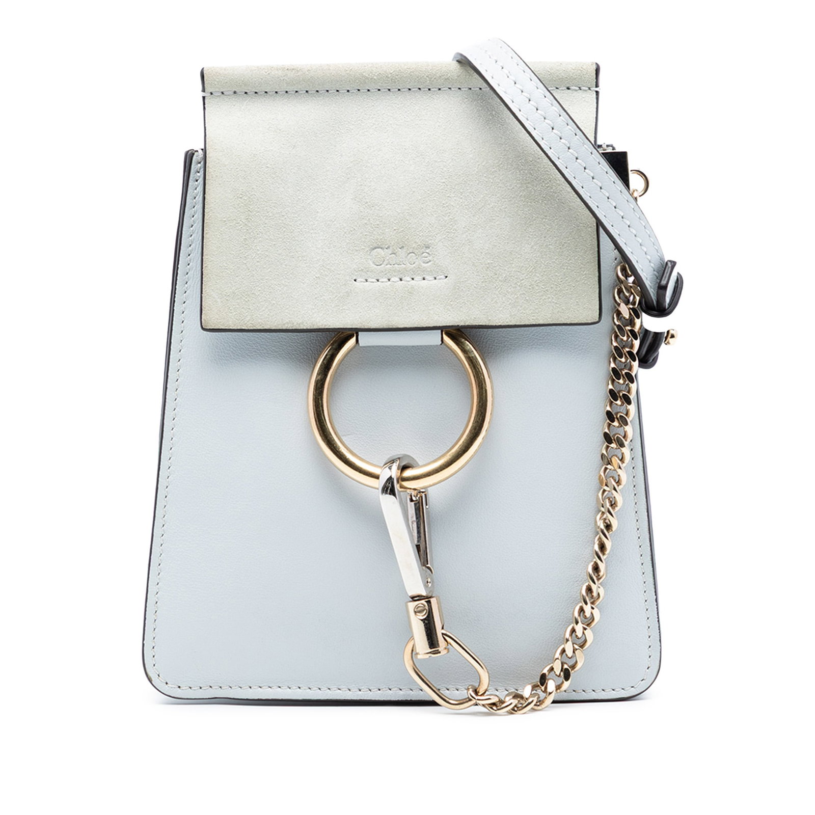 Chloe Faye Mini Bracelet Bag in Calfskin and Suede Blue Leather: Chloe Faye Mini Bracelet Bag in Calfskin and Suede Blue Leather This Chloe Mini Calfskin and Suede Faye Bracelet Bag showcases a blue leather body with a front suede flap and a magnetic snap button cl