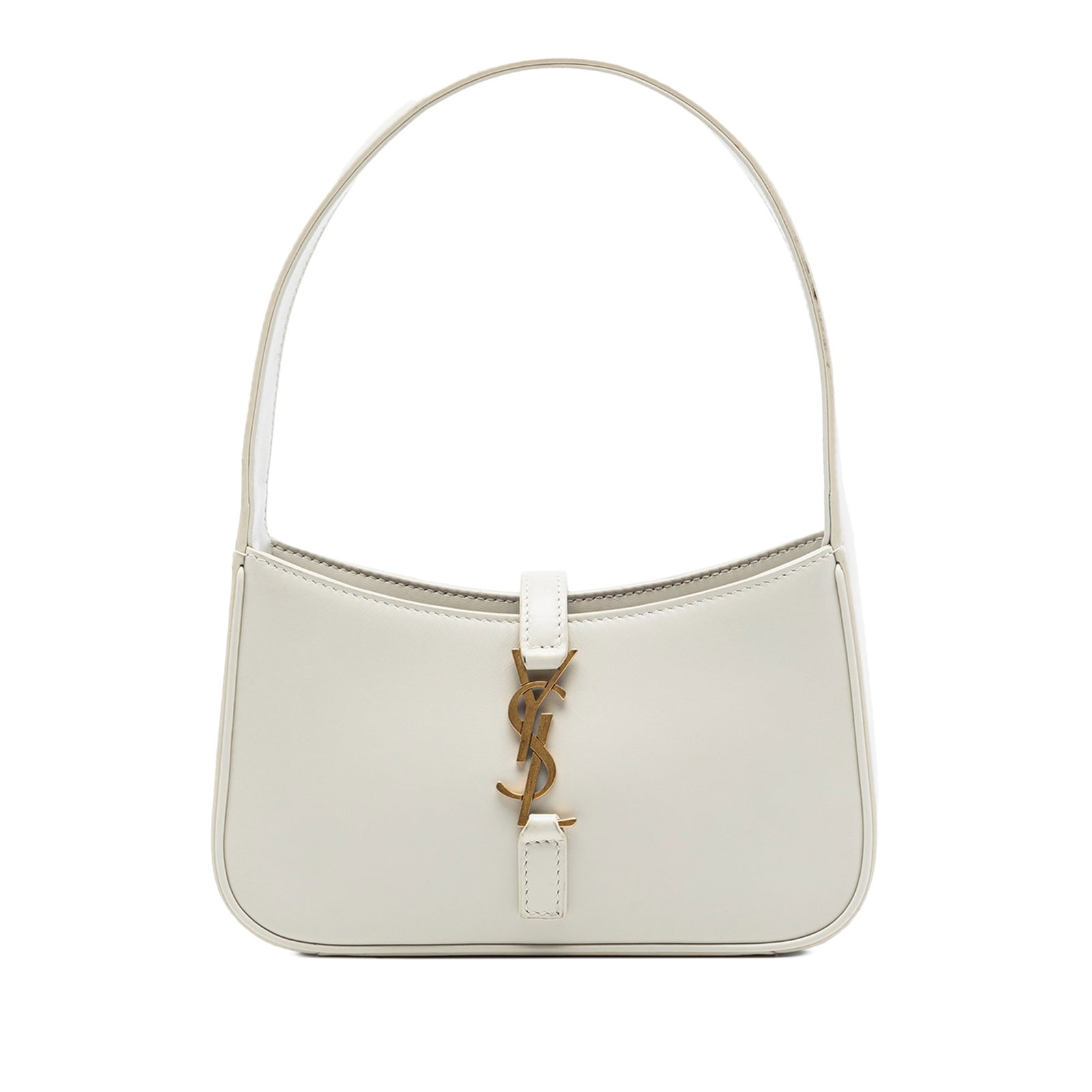 Saint Laurent Le 5 a 7 white leather shoulder bag: Saint Laurent Le 5 a 7 white leather shoulder bag This Saint Laurent Mini Smooth Calfskin Le 5 a 7 shoulder bag features a white leather body with a flat leather shoulder strap. It has an open top des