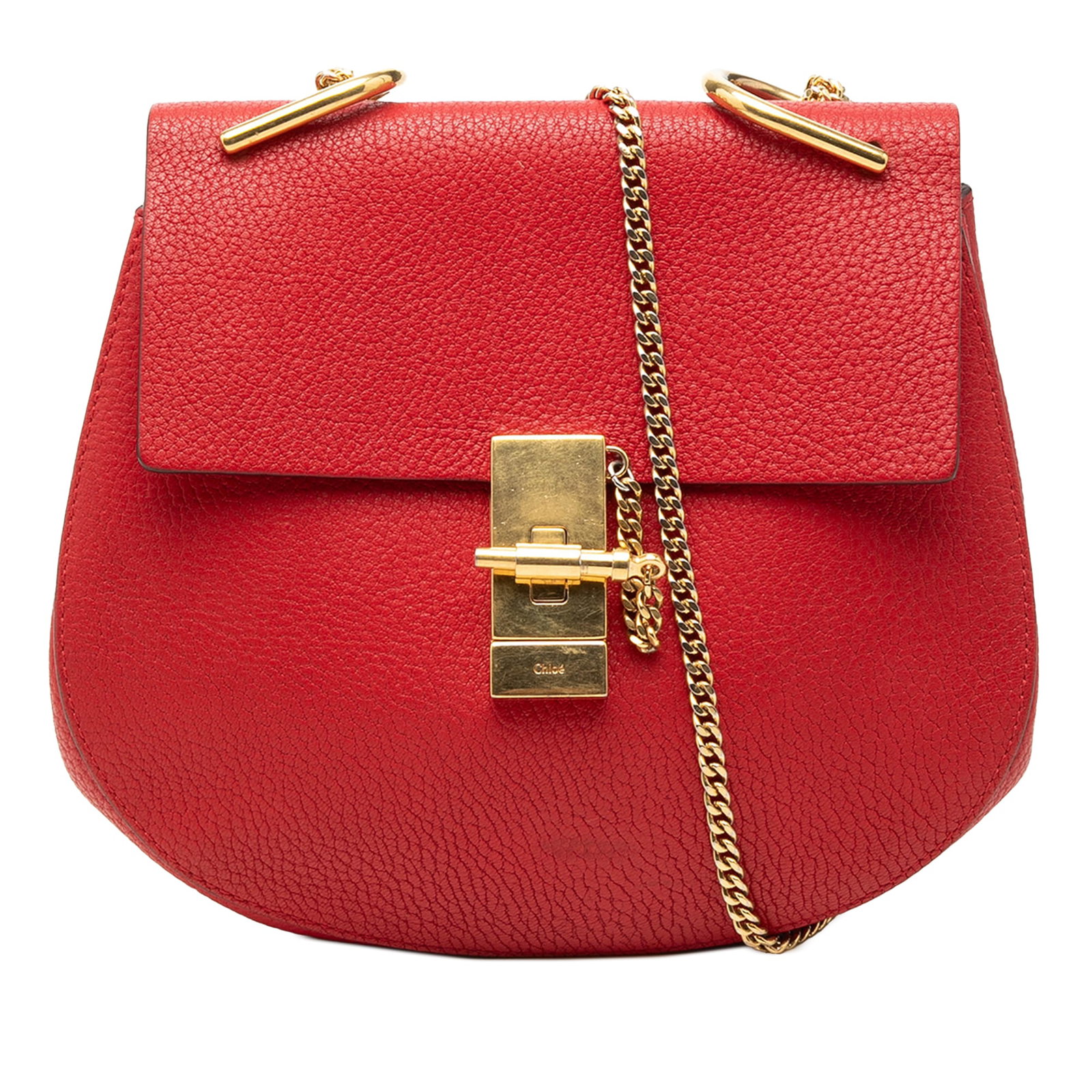 Chloe Drew red leather crossbody bag: Chloe Drew red leather crossbody bag This Chloe Small Leather Drew Crossbody features a red leather body with a gold-tone chain strap, a front flap with turn lock closure, and an interior slip pocket.