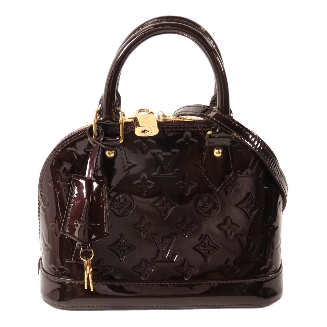 Louis Vuitton Alma BB Monogram Vernis Burgundy 2way Shoulder Bag GHW: Louis Vuitton Alma BB Monogram Vernis Burgundy 2way Shoulder Bag GHW This Louis Vuitton Alma BB 2-way shoulder bag features the signature Monogram Vernis patent leather in a rich burgundy red. Designe