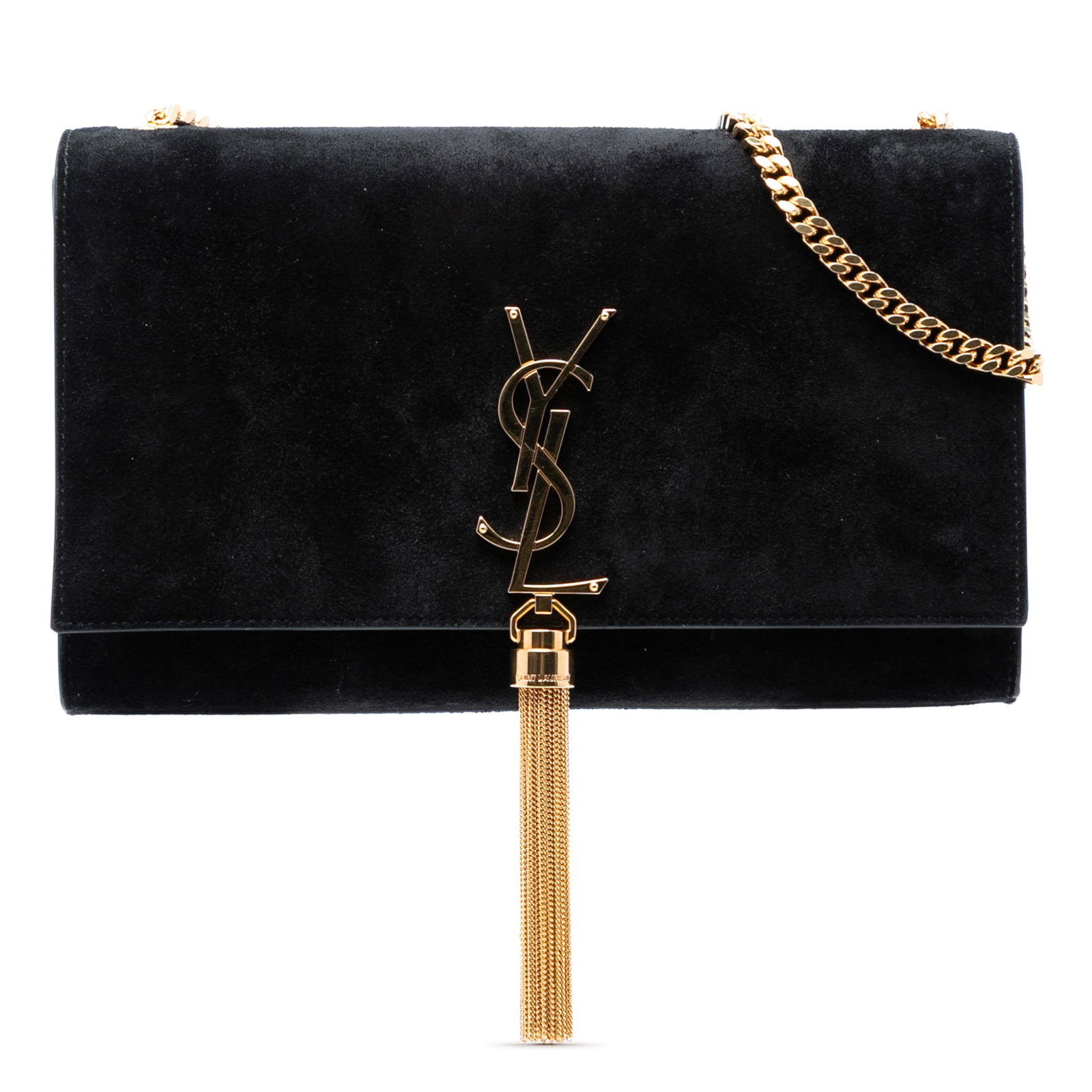 Saint Laurent Kate suede chain crossbody bag black: Saint Laurent Kate suede chain crossbody bag black This Saint Laurent Medium Suede Monogram Kate Tassel Crossbody features a black suede leather body, a chain link shoulder strap, a front flap with ma