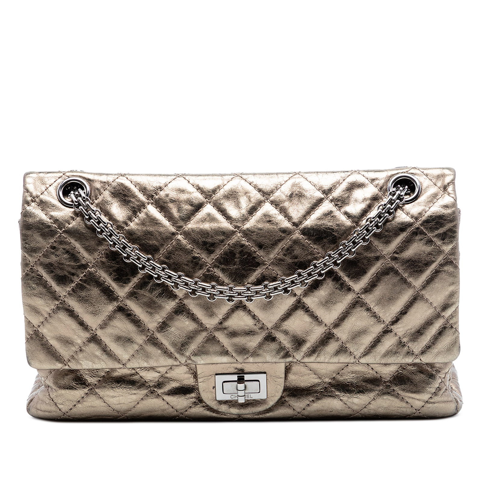 Chanel Reissue 2.55 Quilted Metallic Calfskin Double Flap Shoulder Bag 226: Chanel Reissue 2.55 Quilted Metallic Calfskin Double Flap Shoulder Bag 226 This Chanel Quilted Metallic Aged Calfskin Reissue 2.55 Double Flap 226 features a quilted aged calfskin leather body in gold
