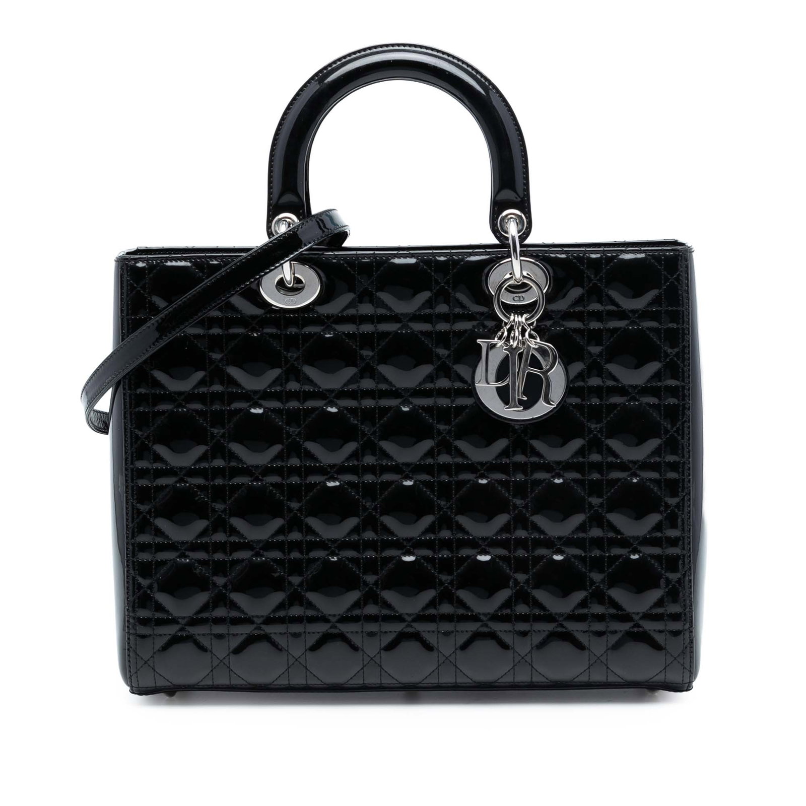 Dior Lady Dior Large Black Cannage Quilted Patent Leather Handbag with Strap: Dior Lady Dior Large Black Cannage Quilted Patent Leather Handbag with Strap This Lady Dior handbag features a quilted patent leather exterior in black, flat leather top handles, a detachable flat str