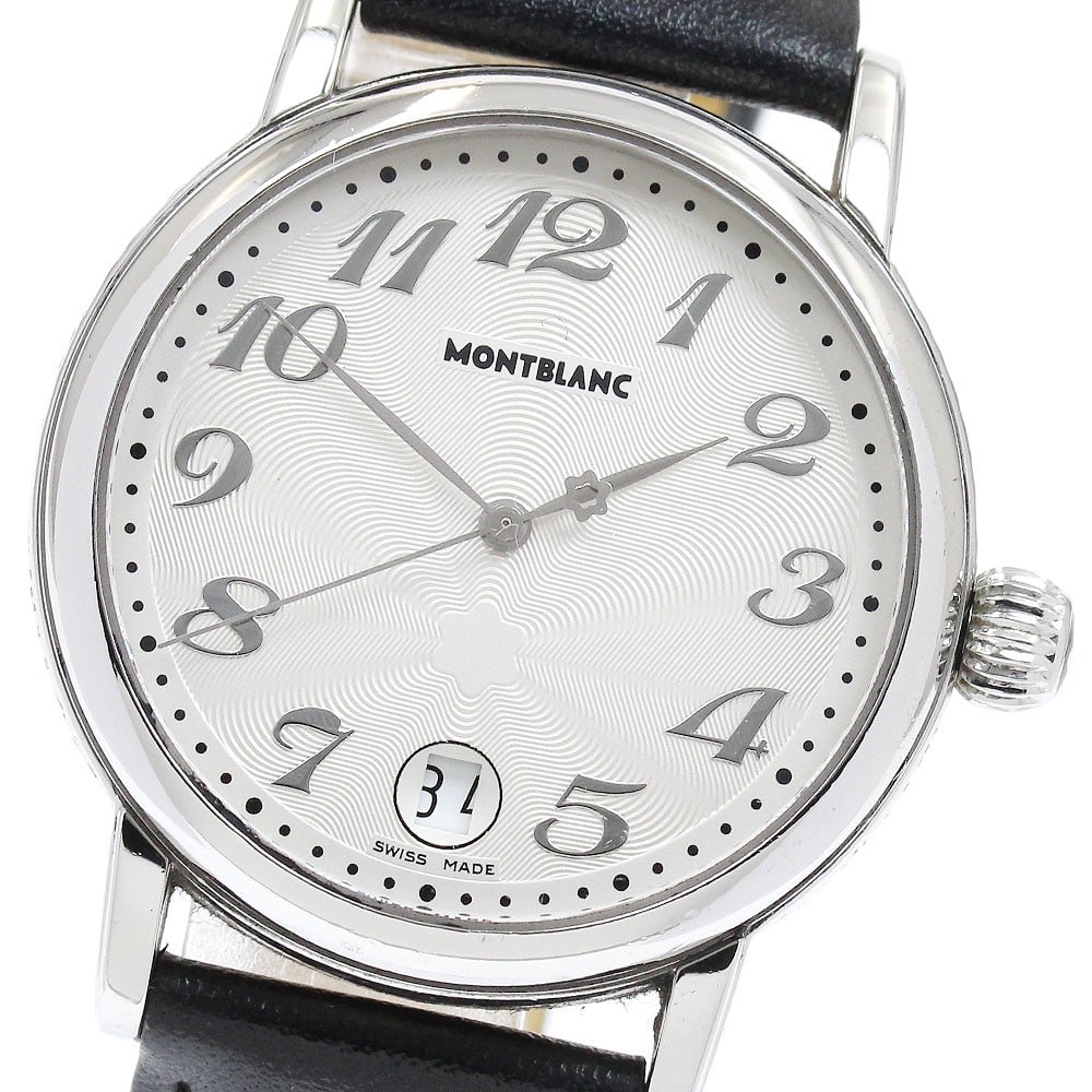 Montblanc Meisterstuck Quartz Date Mens Stainless Steel Watch 7042: Montblanc Meisterstuck Quartz Date Mens Stainless Steel Watch 7042 This Montblanc Meisterstuck 7042 men's wristwatch features a stainless steel case and a silver dial, complemented by a leather bracel