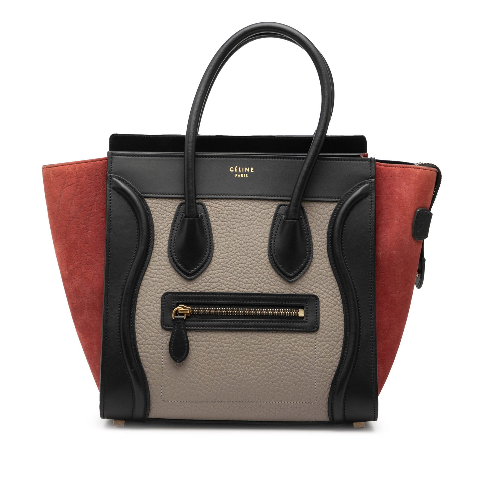 Micro Luggage Tote in Tricolor Leather by Celine: Micro Luggage Tote in Tricolor Leather by Celine This Celine Micro Tricolor Leather Luggage Tote is crafted from leather and features rolled leather handles, a top zip closure, an exterior front zip p