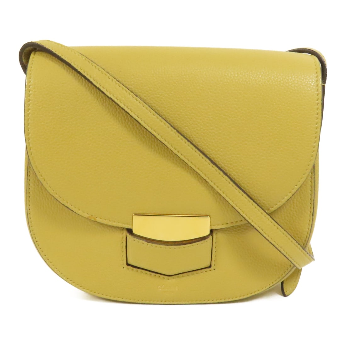 CELINE Trotteur Shoulder Bag Yellow Calfskin Leather GHW: CELINE Trotteur Shoulder Bag Yellow Calfskin Leather GHW Introducing the CELINE Trotteur Shoulder Bag, a stylish accessory crafted from premium calfskin leather. This elegant bag features a vibrant ye
