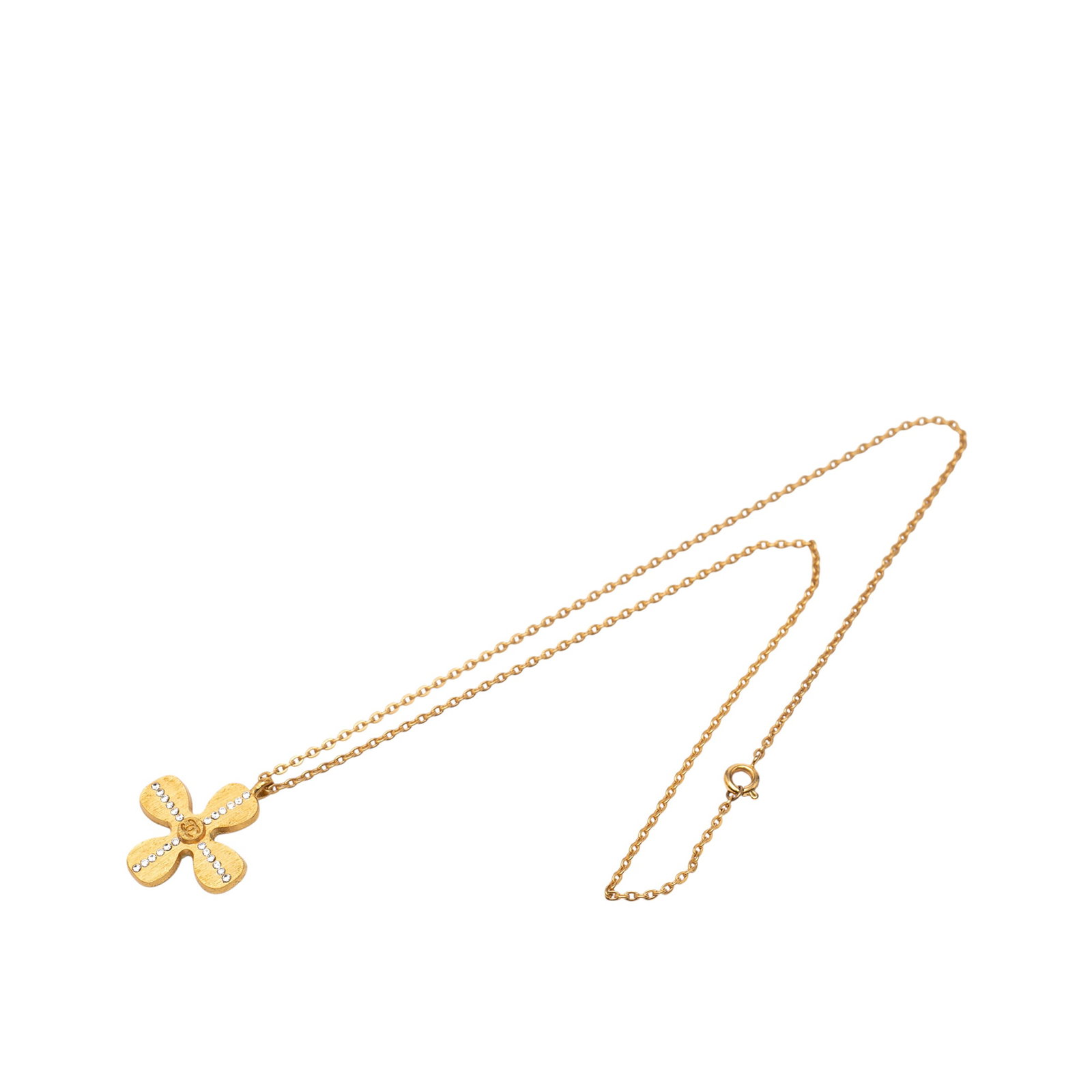Chanel Crystal Clover Pendant Necklace with Gold Plated CC Logo: Chanel Crystal Clover Pendant Necklace with Gold Plated CC Logo This Chanel necklace features a gold plated metal body and a clover pendant adorned with rhinestone details. The necklace is secured wit