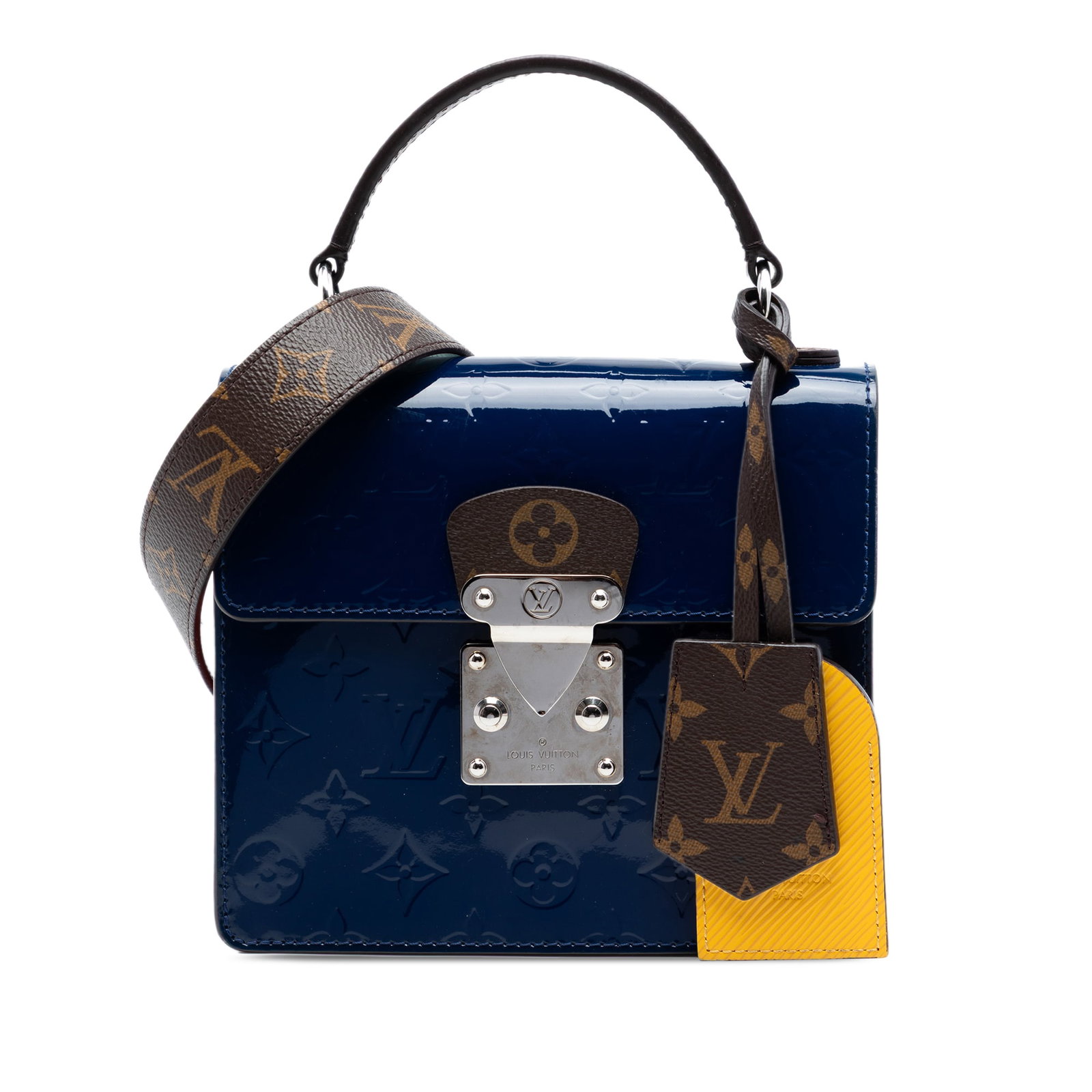 Louis Vuitton Spring Street Monogram Vernis Blue Bag: Louis Vuitton Spring Street Monogram Vernis Blue Bag This Louis Vuitton Monogram Vernis Spring Street bag features a vernis leather body with monogram canvas and epi leather trim. It is designed with 