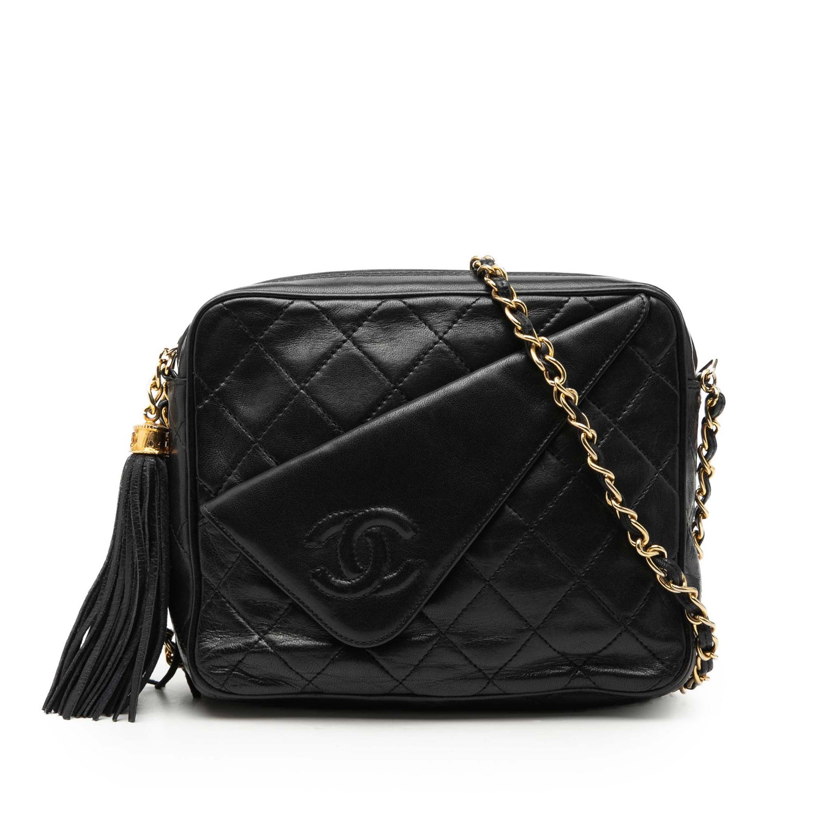 Chanel Mini CC Quilted Lambskin Crossbody Camera Bag Tassel Black: Chanel Mini CC Quilted Lambskin Crossbody Camera Bag Tassel Black This Chanel Mini CC Quilted Lambskin Tassel Camera Bag is crafted from lambskin leather and features a woven leather chain strap, a to