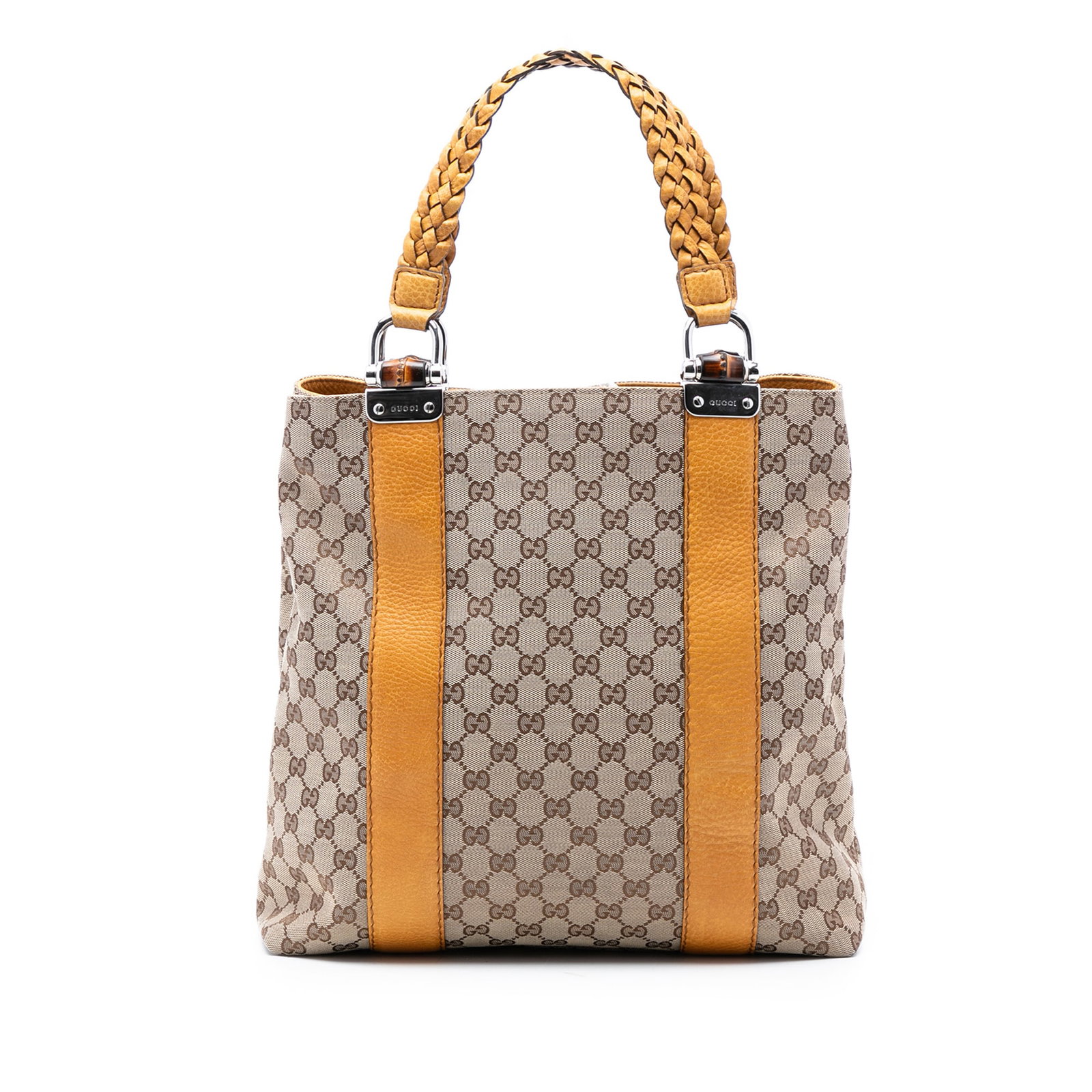 Gucci Bamboo Libeccio Large GG Canvas Tote Bag with Braided Handles: Gucci Bamboo Libeccio Large GG Canvas Tote Bag with Braided Handles This Gucci Large GG Canvas Bamboo Libeccio Tote features a brown canvas body with leather trim and flat braided straps. The bag offe