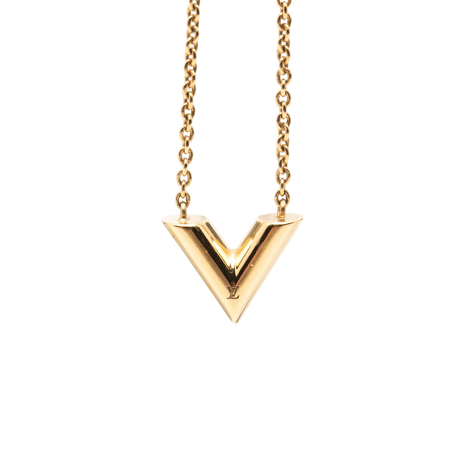 Louis Vuitton Essential V gold tone metal necklace: Louis Vuitton Essential V gold tone metal necklace This Louis Vuitton Essential V necklace showcases a gold-tone metal construction and is designed with a signature V pendant. The necklace secures wit