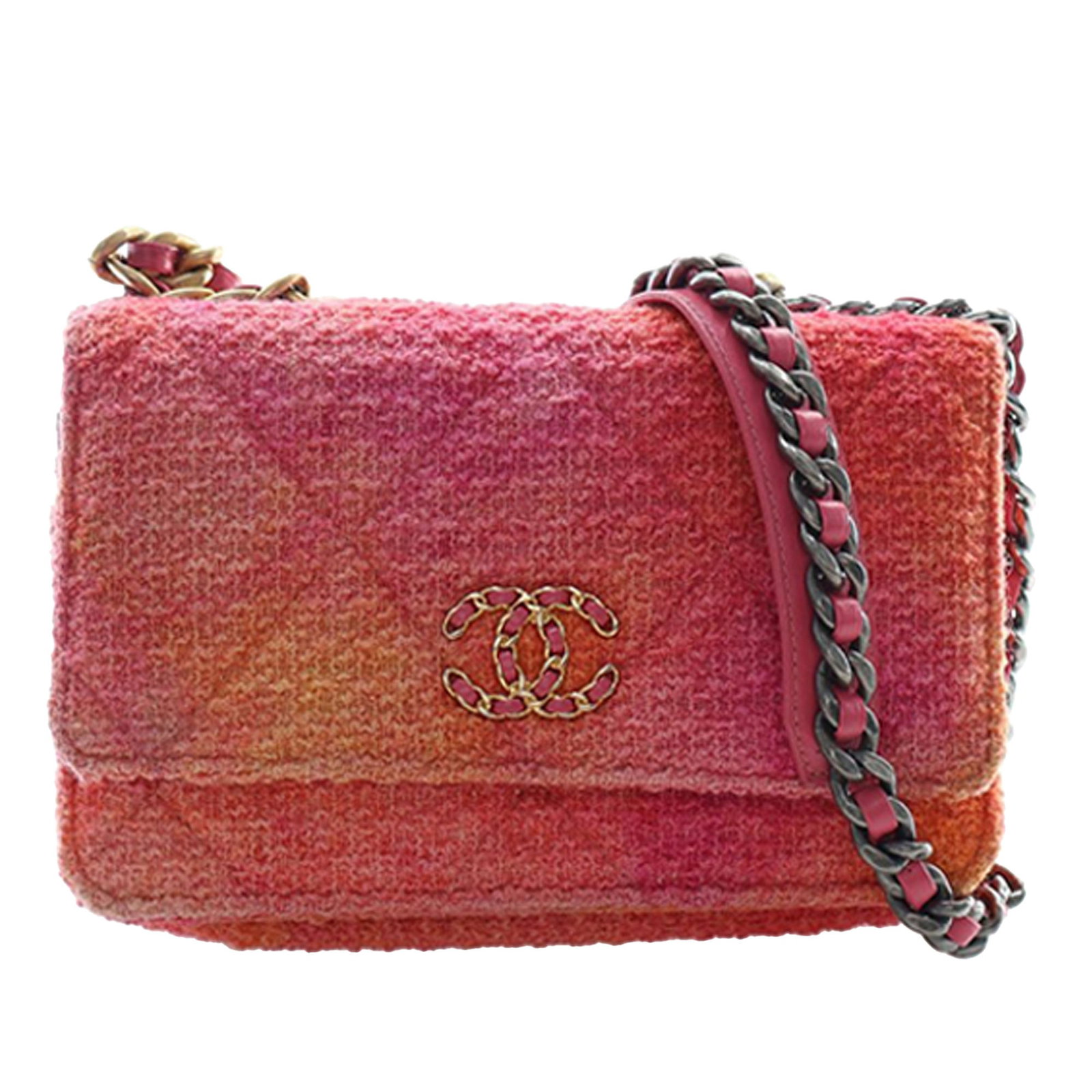 Chanel 19 Pink Tweed Ombre Wallet On Chain Crossbody Bag: Chanel 19 Pink Tweed Ombre Wallet On Chain Crossbody Bag This Chanel Tweed Ombre 19 Wallet On Chain features a pink tweed fabric body, a chain-link top handle, and a leather-woven chain strap with a l