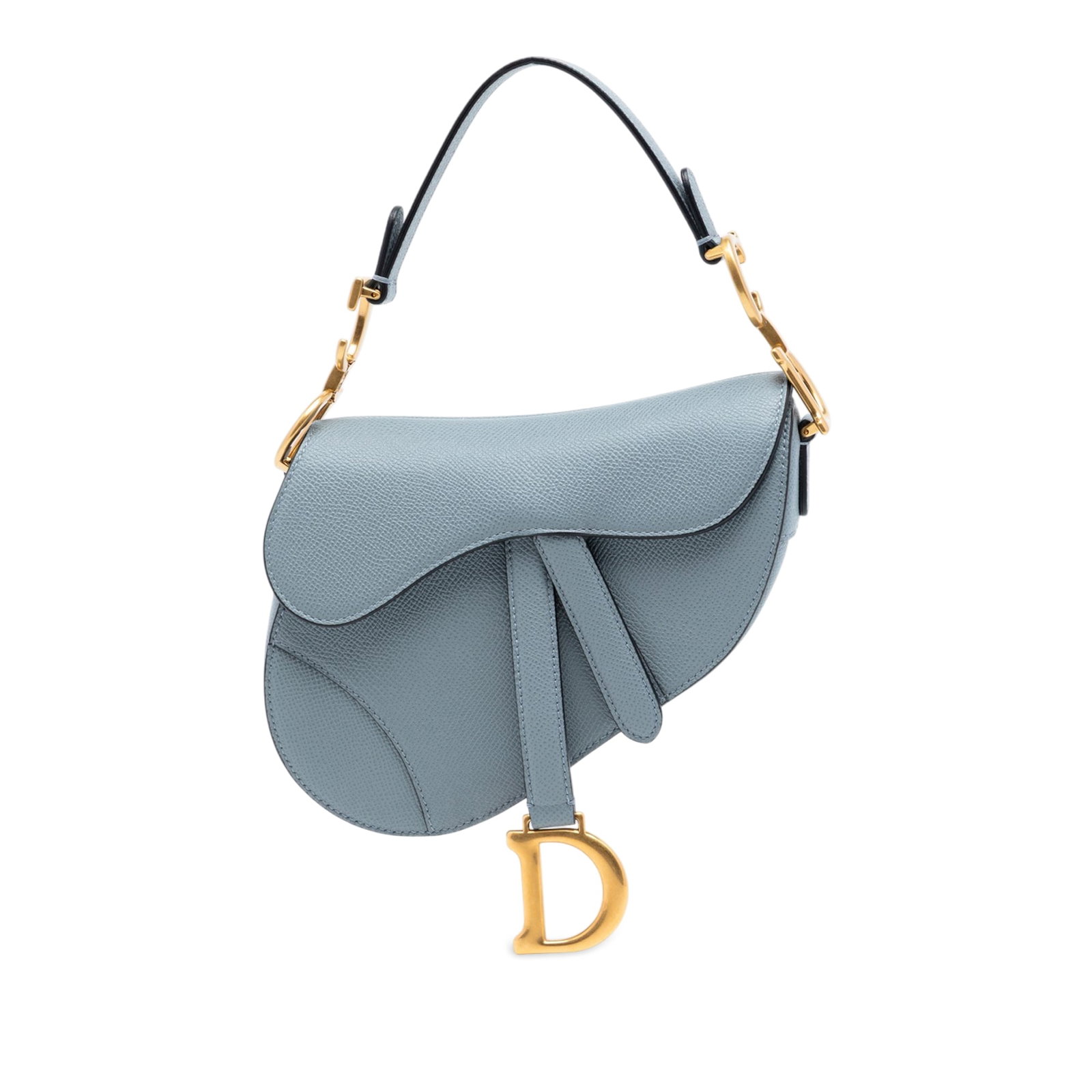 Dior blue grained calfskin Saddle crossbody bag: Dior blue grained calfskin Saddle crossbody bag This Dior Grained Calfskin Saddle Bag features a blue leather body with a distinctive saddle silhouette. It is designed with a flat leather shoulder str