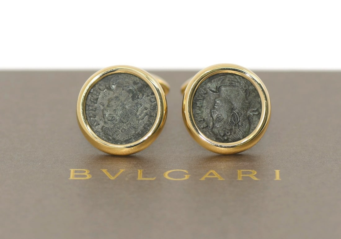 Bvlgari Roman Empire 18K Yellow Gold Cufflinks with Box and Certificates: Bvlgari Roman Empire 18K Yellow Gold Cufflinks with Box and Certificates Elevate your formal attire with these exquisite Bulgari Roman Empire cufflinks, crafted from 18K yellow gold. These luxurious p