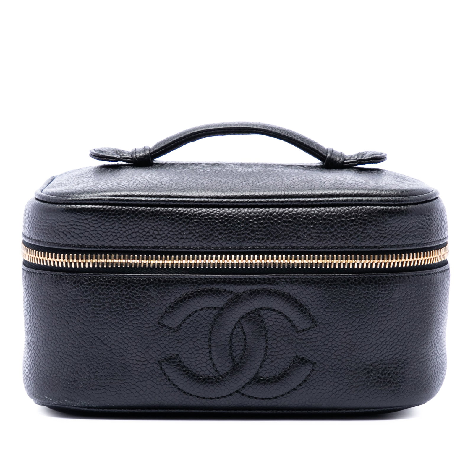 Chanel Caviar Leather Vanity Bag with Top Handle: Chanel Caviar Leather Vanity Bag with Top Handle This Chanel CC Caviar Vanity Bag is crafted from durable caviar leather in black and features a flat leather top handle, a zip-around closure, and an i