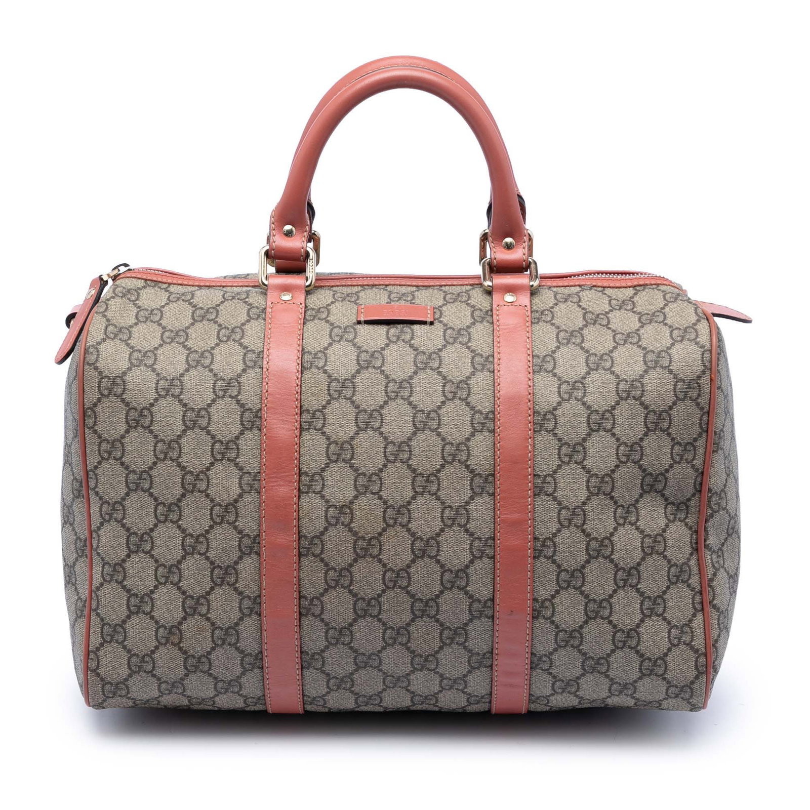Gucci GG Supreme Joy Boston Bag Medium Beige Fabric: Gucci GG Supreme Joy Boston Bag Medium Beige Fabric This Gucci Medium GG Supreme Joy Boston Bag showcases a coated canvas body complemented by leather trim and rolled leather handles. It features a to
