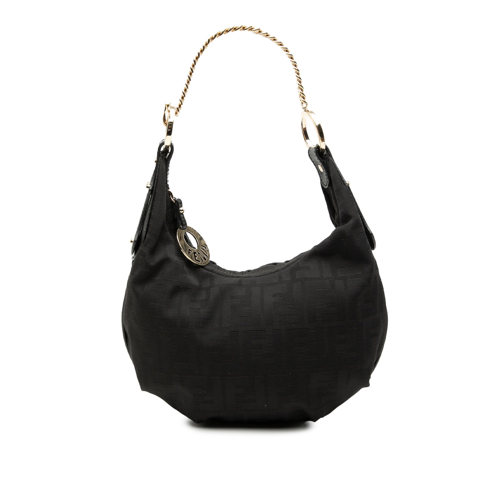 Fendi Chef Hobo Shoulder Bag Brown Canvas with Chain Strap: Fendi Chef Hobo Shoulder Bag Brown Canvas with Chain Strap The Fendi Zucca Canvas Chef Chain Hobo Bag features a brown canvas body with a distinctive chain-link shoulder strap and a top zip closure. T