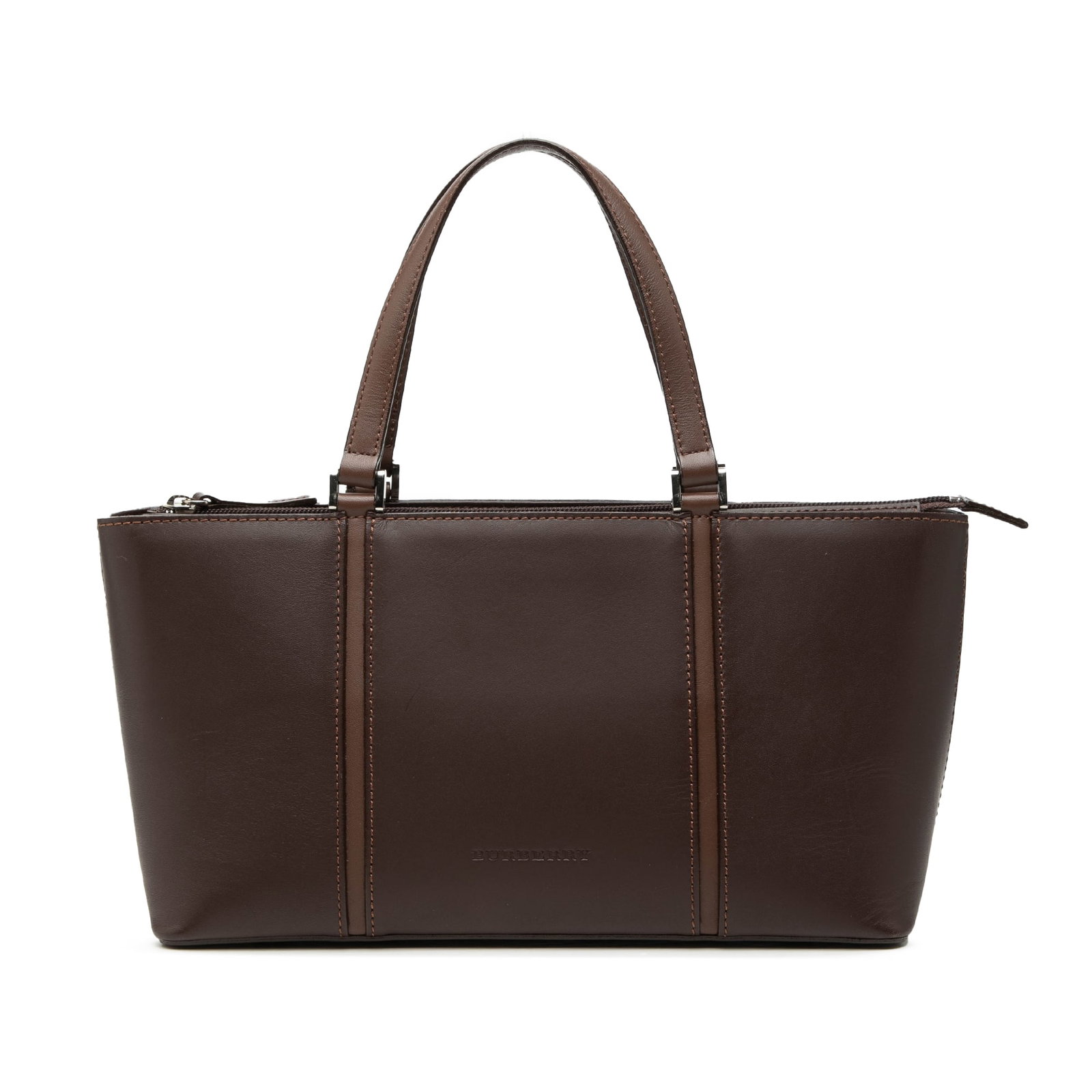 Brown Leather Tote by Burberry with Top Zip and Interior Pockets: Brown Leather Tote by Burberry with Top Zip and Interior Pockets This Burberry handbag is crafted from brown leather and features flat leather handles, a top zip closure, and interior zip and slip poc