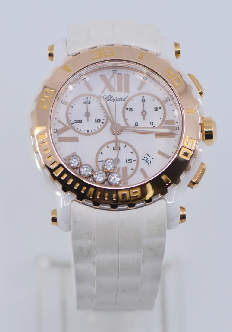 Chopard Happy Sport Diamond 18K Ceramic Watch 288515: Chopard Happy Sport Diamond 18K Ceramic Watch 288515 Explore the elegance of the Chopard Happy Sport Diamond wristwatch, a stunning fusion of luxury and modern design. This timepiece features a striki