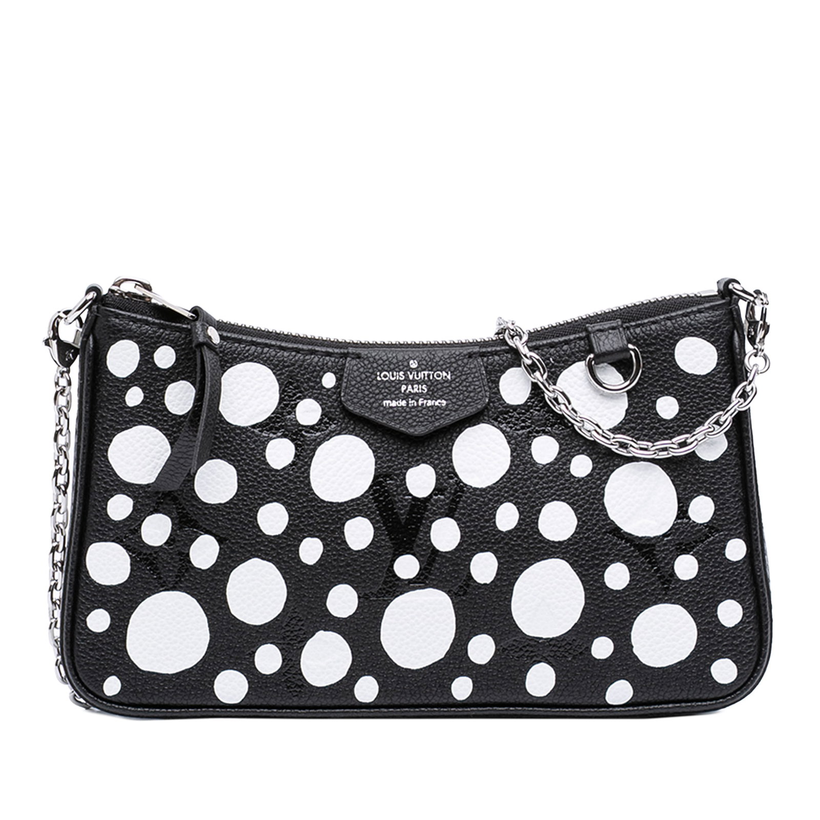 Louis Vuitton Yayoi Kusama Infinity Dots Black Leather Easy Pouch with Strap: Louis Vuitton Yayoi Kusama Infinity Dots Black Leather Easy Pouch with Strap This Louis Vuitton Yayoi Kusama Monogram Giant Empreinte Infinity Dots Easy Pouch On Strap features a monogram empreinte le